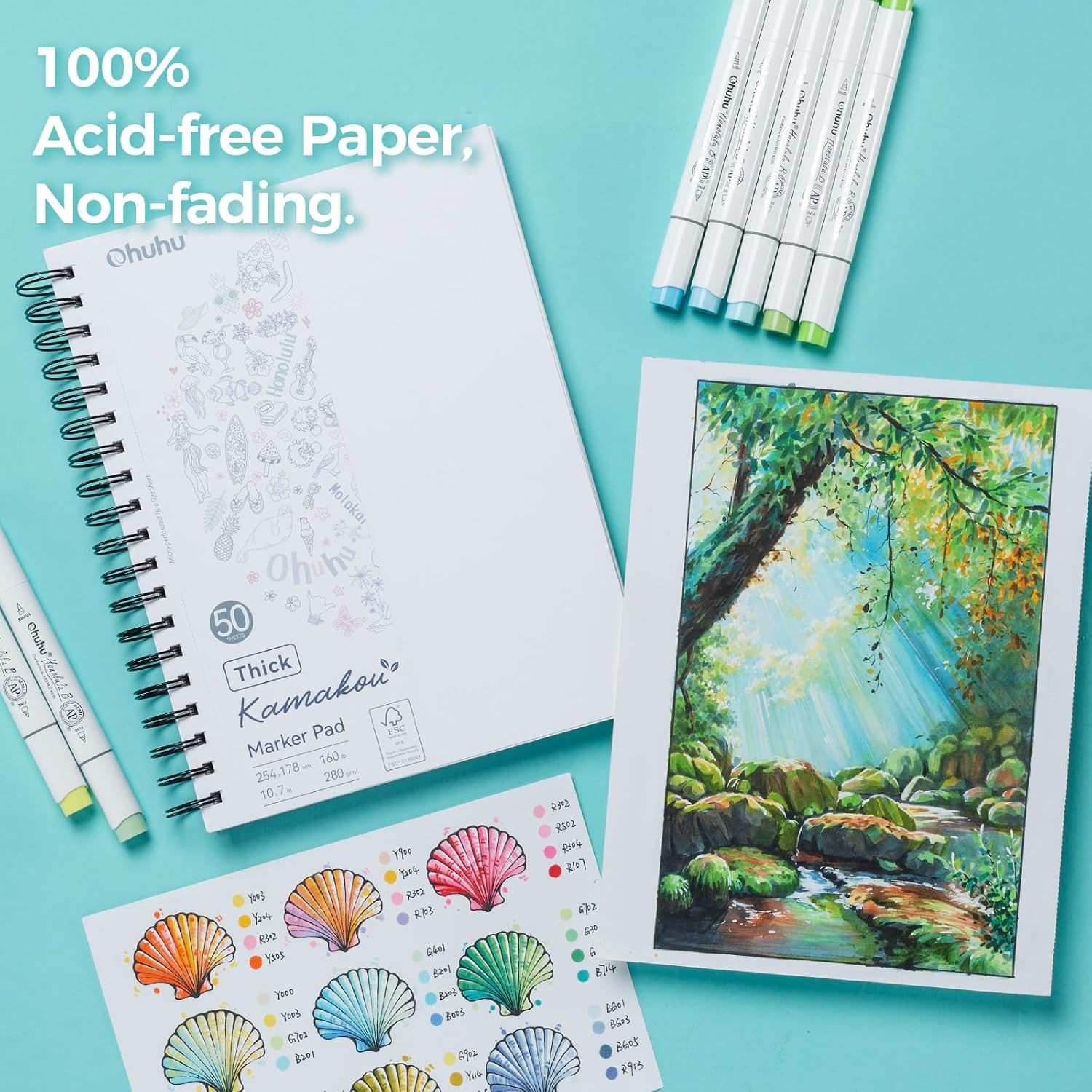 image:imageOhuhu DoubleSided Bleedproof Marker Pad 83x83 Square Paper Size 160 LB280 GSM Heavyweight Smooth Drawing Paper 50 Sheets100 Pages SpiralBound Sketchbook for Alcohol Markers7 x 10