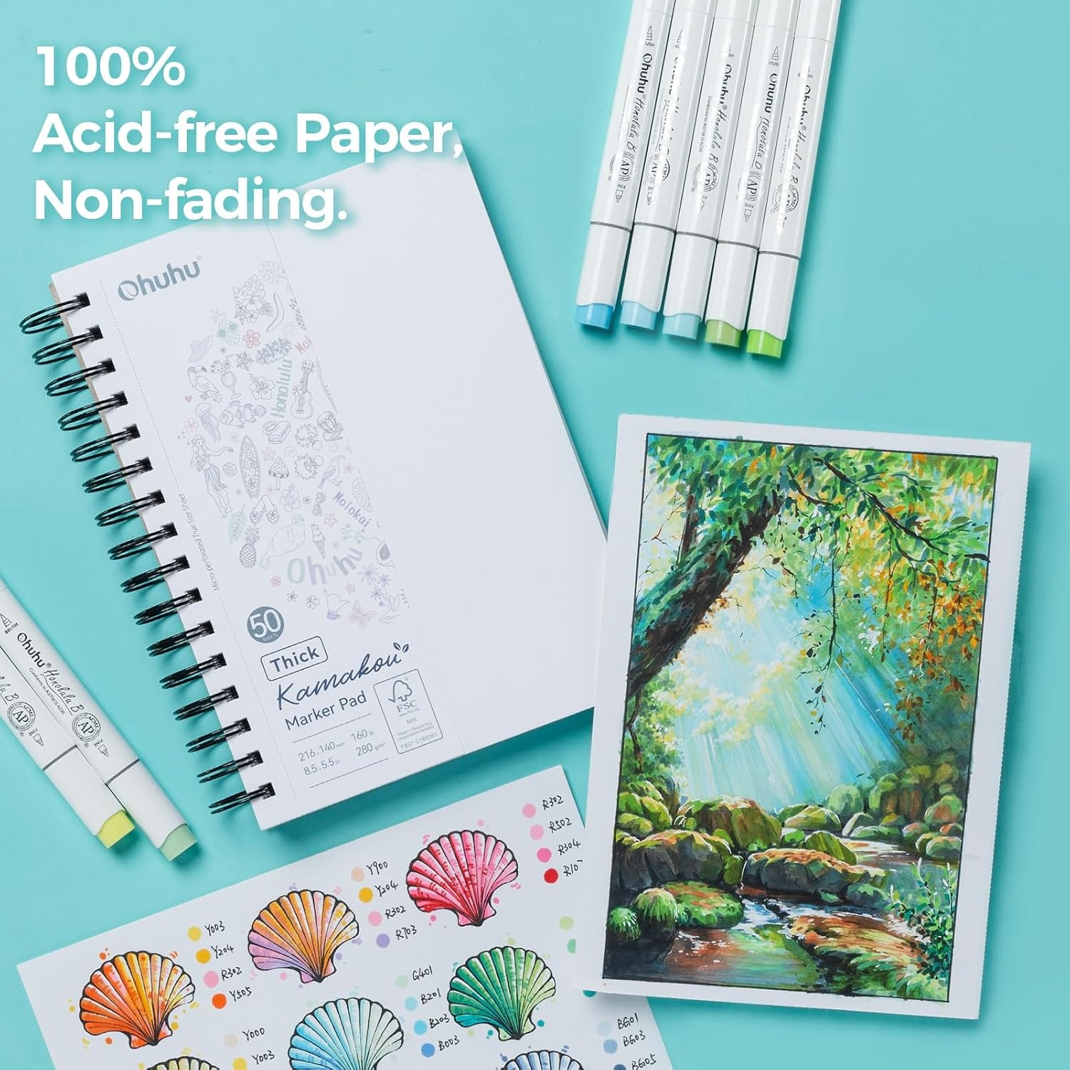 image:imageOhuhu DoubleSided Bleedproof Marker Pad 83x83 Square Paper Size 160 LB280 GSM Heavyweight Smooth Drawing Paper 50 Sheets100 Pages SpiralBound Sketchbook for Alcohol Markers55 x 85