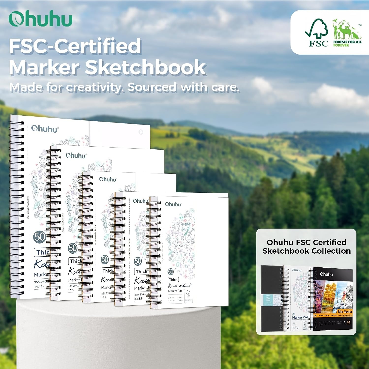 image:imageOhuhu DoubleSided Bleedproof Marker Pad 83x83 Square Paper Size 160 LB280 GSM Heavyweight Smooth Drawing Paper 50 Sheets100 Pages SpiralBound Sketchbook for Alcohol Markers11 x 14