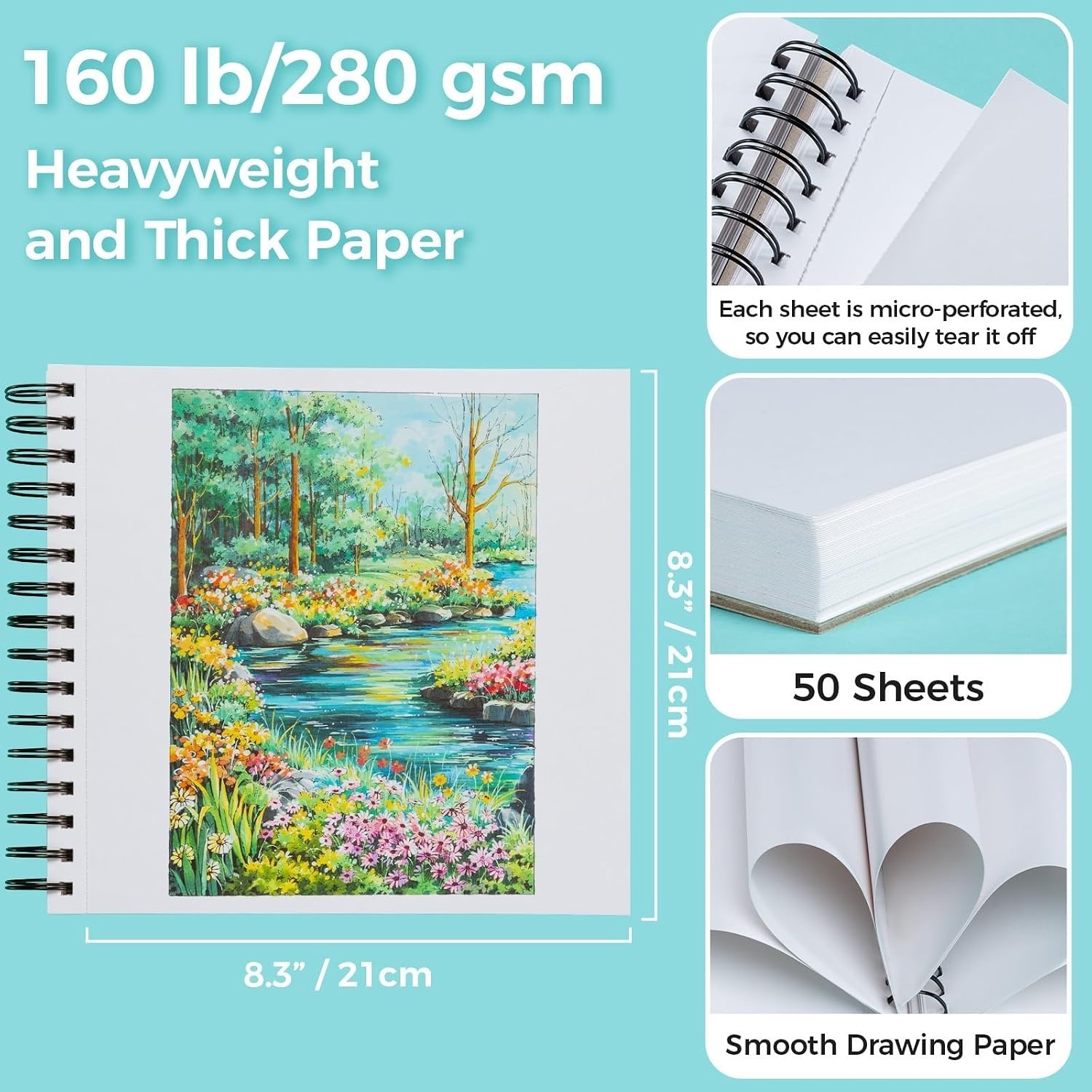 image:imageOhuhu DoubleSided Bleedproof Marker Pad 83x83 Square Paper Size 160 LB280 GSM Heavyweight Smooth Drawing Paper 50 Sheets100 Pages SpiralBound Sketchbook for Alcohol Markers83 x 83