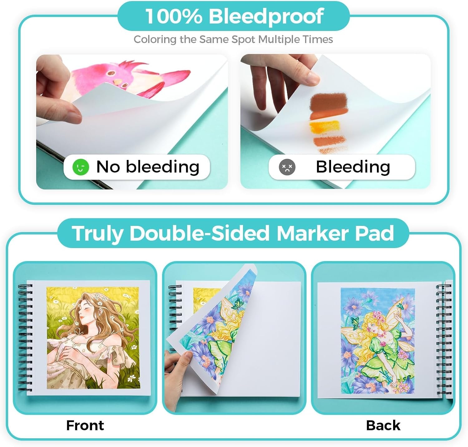 image:imageOhuhu DoubleSided Bleedproof Marker Pad 83x83 Square Paper Size 160 LB280 GSM Heavyweight Smooth Drawing Paper 50 Sheets100 Pages SpiralBound Sketchbook for Alcohol Markers83 x 83