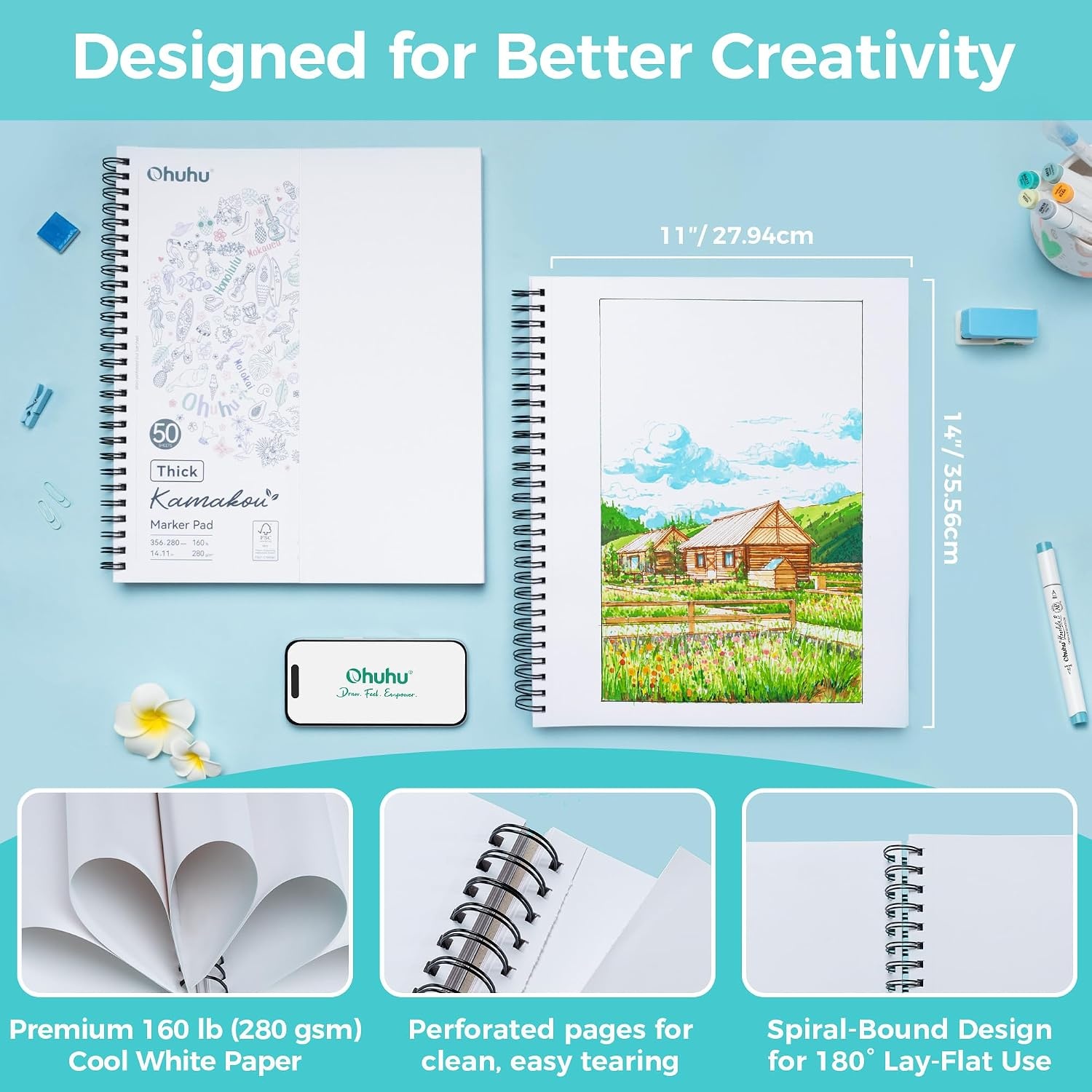 image:imageOhuhu DoubleSided Bleedproof Marker Pad 83x83 Square Paper Size 160 LB280 GSM Heavyweight Smooth Drawing Paper 50 Sheets100 Pages SpiralBound Sketchbook for Alcohol Markers11 x 14