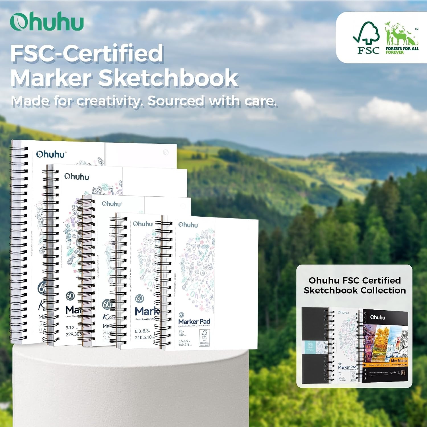 image:imageOhuhu DoubleSided Marker Pad Art Sketchbook Bleedproof 63x63 Small Square Paper Size 90 LB150 GSM Smooth Drawing Paper 60 Sheets120 Pages Hardcover Sketching Book for Alcohol Markers11 x 14