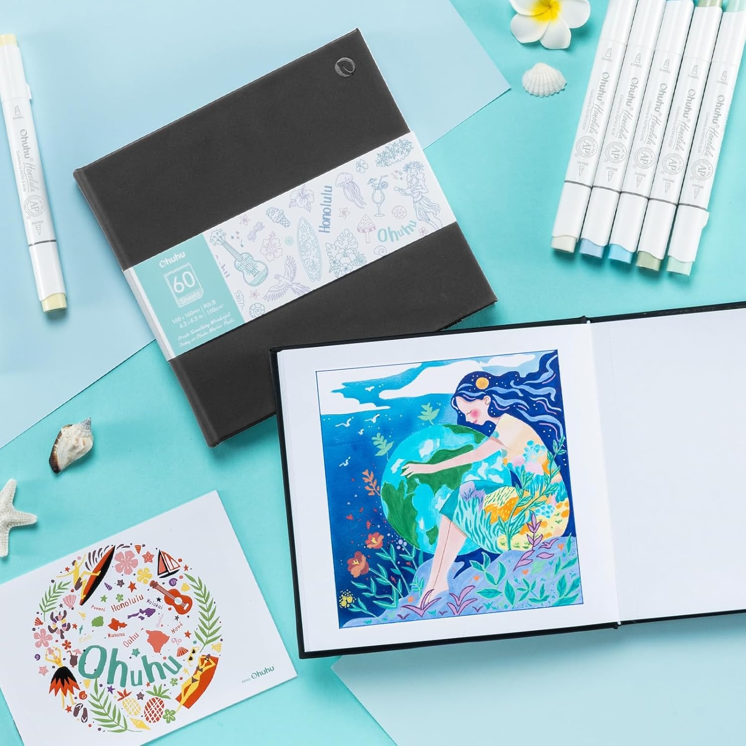 image:imageOhuhu DoubleSided Marker Pad Art Sketchbook Bleedproof 63x63 Small Square Paper Size 90 LB150 GSM Smooth Drawing Paper 60 Sheets120 Pages Hardcover Sketching Book for Alcohol Markers83 x 83