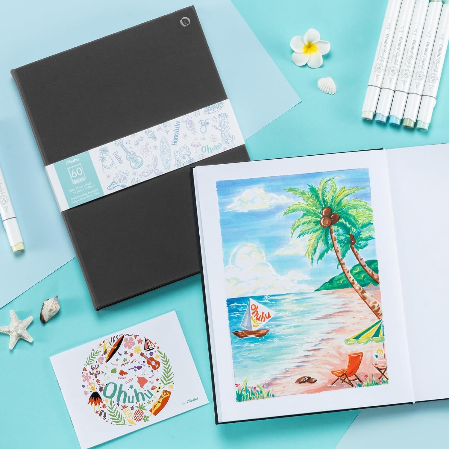 image:imageOhuhu DoubleSided Marker Pad Art Sketchbook Bleedproof 63x63 Small Square Paper Size 90 LB150 GSM Smooth Drawing Paper 60 Sheets120 Pages Hardcover Sketching Book for Alcohol Markers85 x 11