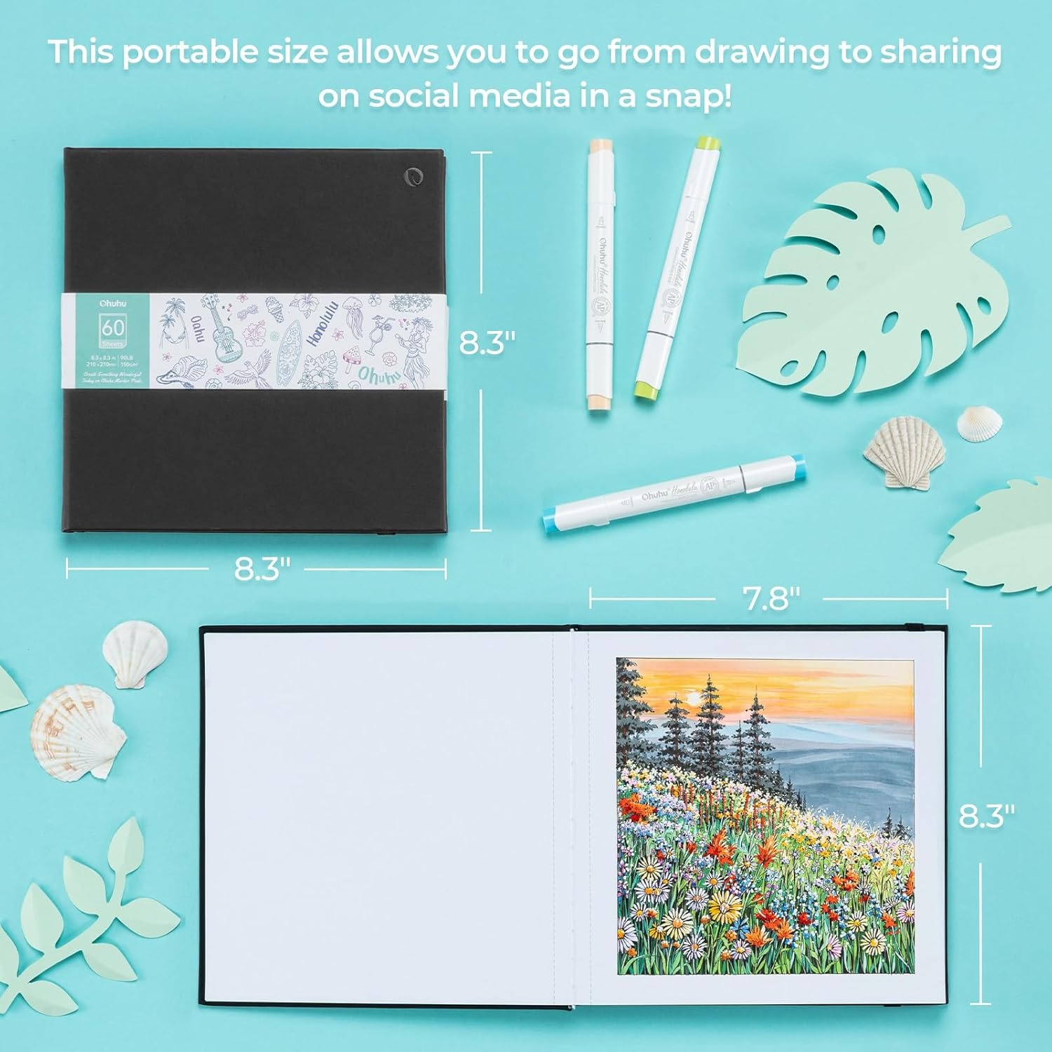 image:imageOhuhu DoubleSided Marker Pad Art Sketchbook Bleedproof 63x63 Small Square Paper Size 90 LB150 GSM Smooth Drawing Paper 60 Sheets120 Pages Hardcover Sketching Book for Alcohol Markers83 x 83