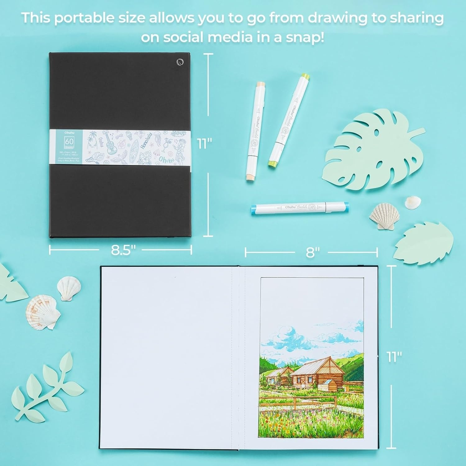 image:imageOhuhu DoubleSided Marker Pad Art Sketchbook Bleedproof 63x63 Small Square Paper Size 90 LB150 GSM Smooth Drawing Paper 60 Sheets120 Pages Hardcover Sketching Book for Alcohol Markers85 x 11