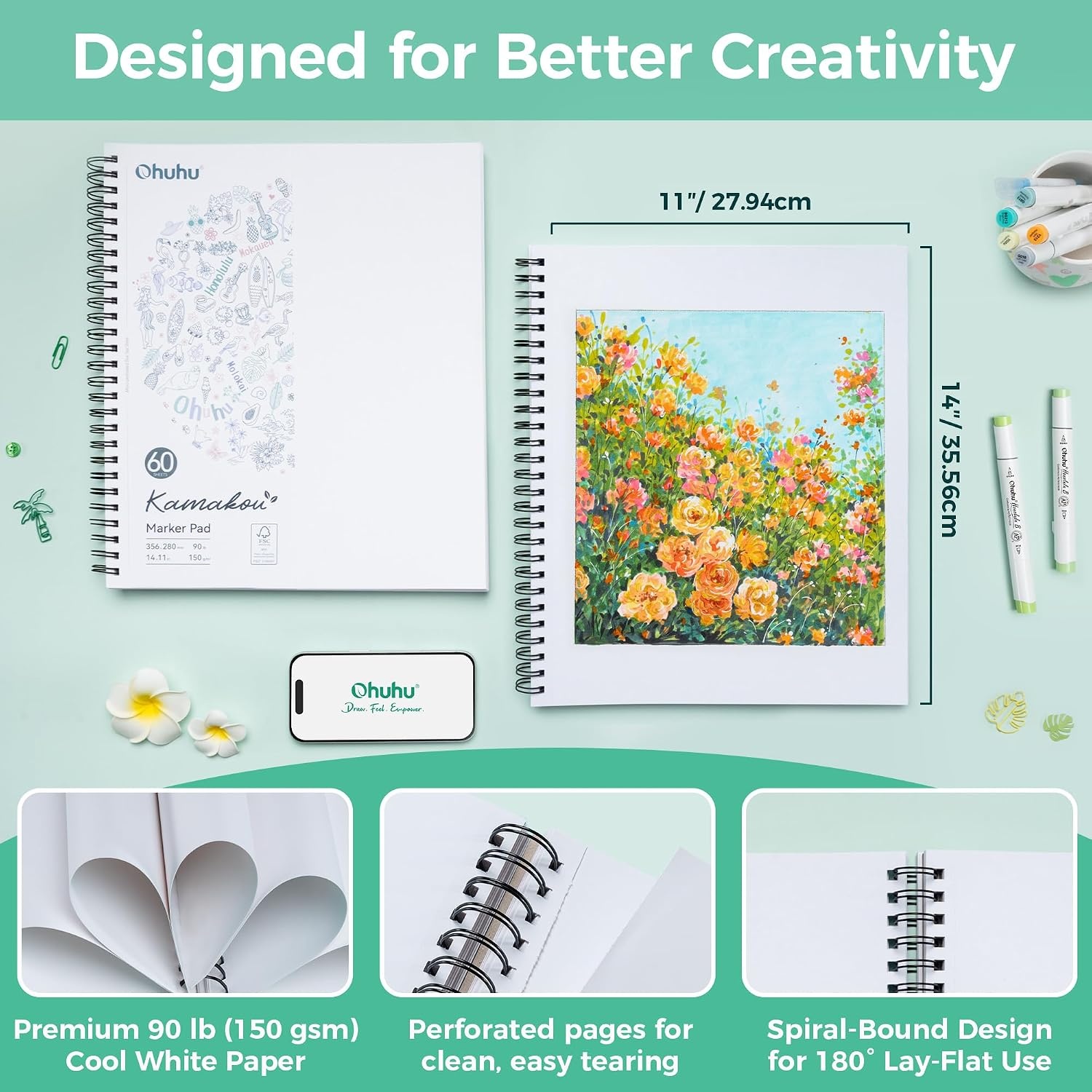 image:imageOhuhu DoubleSided Marker Pad Art Sketchbook Bleedproof 63x63 Small Square Paper Size 90 LB150 GSM Smooth Drawing Paper 60 Sheets120 Pages Hardcover Sketching Book for Alcohol Markers11 x 14