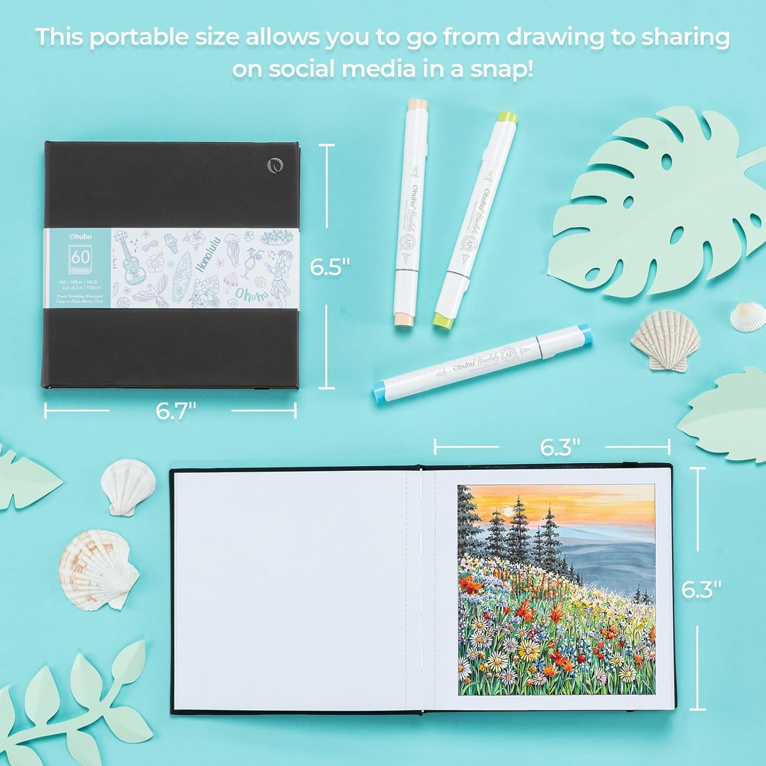 image:imageOhuhu DoubleSided Marker Pad Art Sketchbook Bleedproof 63x63 Small Square Paper Size 90 LB150 GSM Smooth Drawing Paper 60 Sheets120 Pages Hardcover Sketching Book for Alcohol Markers63 x 63