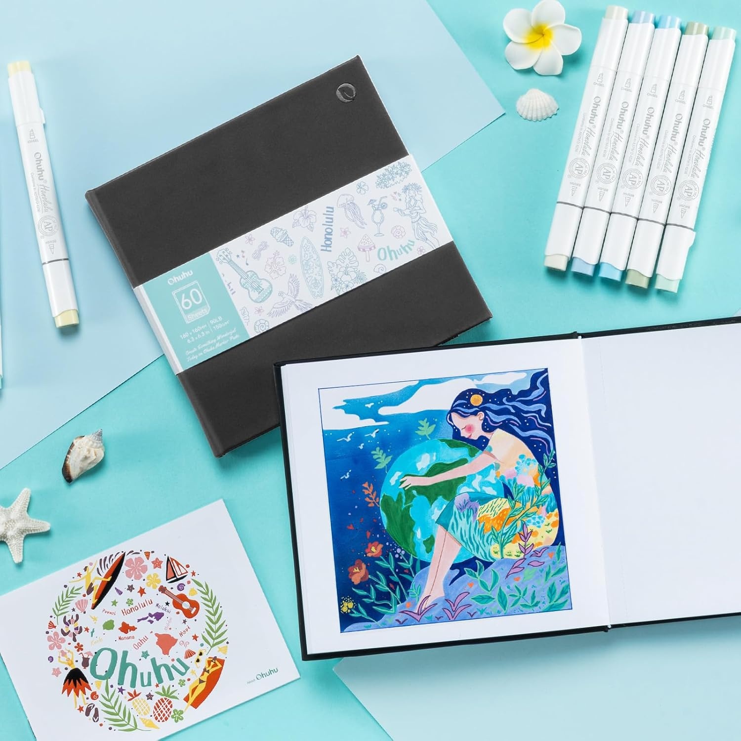 image:imageOhuhu DoubleSided Marker Pad Art Sketchbook Bleedproof 63x63 Small Square Paper Size 90 LB150 GSM Smooth Drawing Paper 60 Sheets120 Pages Hardcover Sketching Book for Alcohol Markers63 x 63