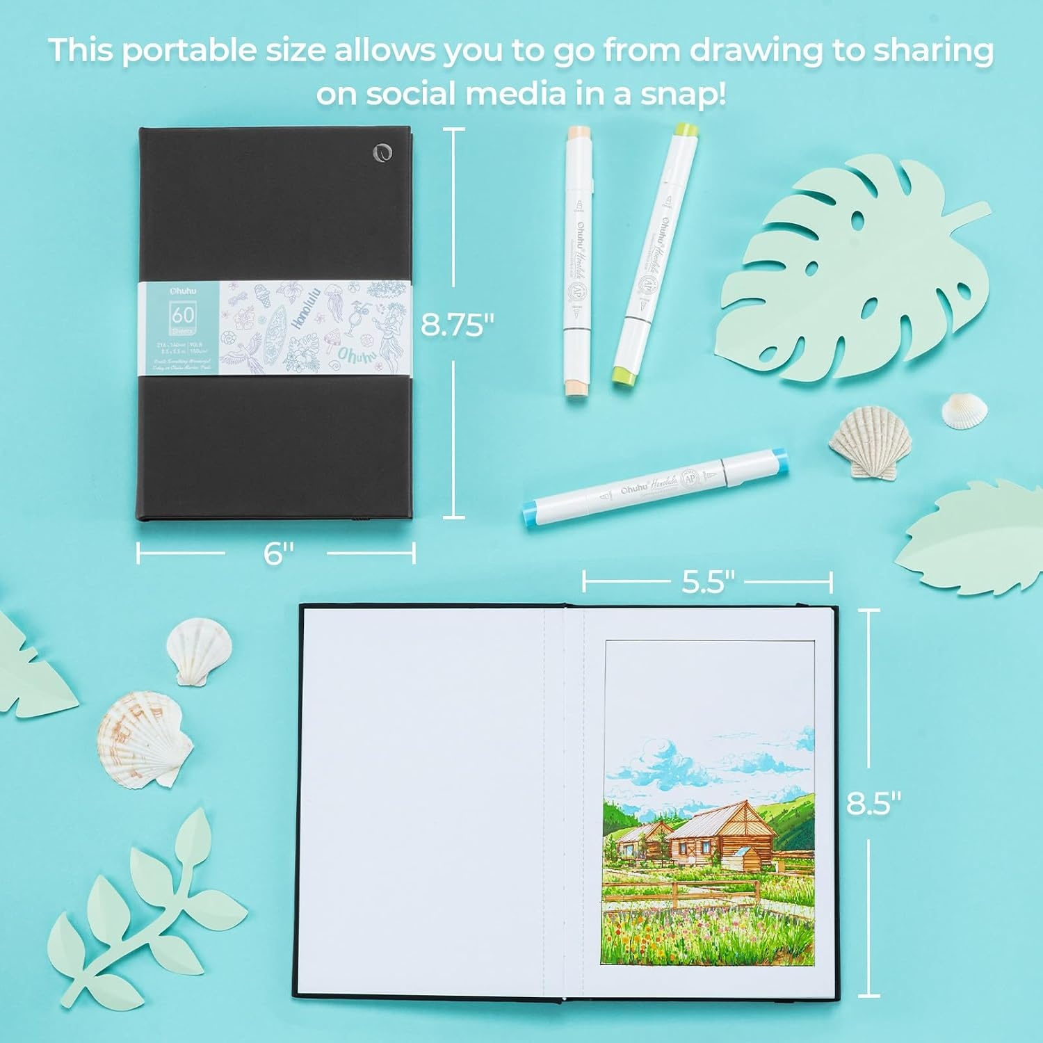image:imageOhuhu DoubleSided Marker Pad Art Sketchbook Bleedproof 63x63 Small Square Paper Size 90 LB150 GSM Smooth Drawing Paper 60 Sheets120 Pages Hardcover Sketching Book for Alcohol Markers55 x 85