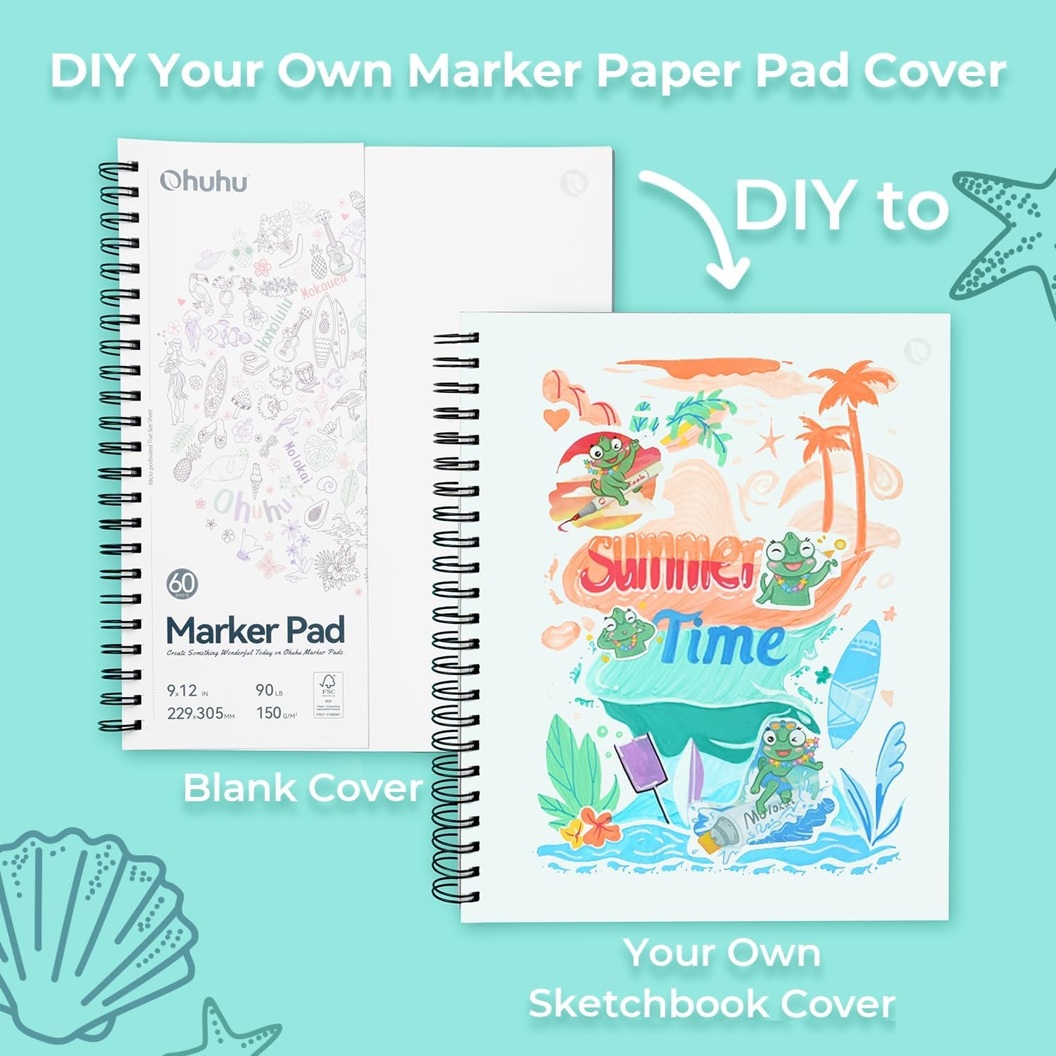 image:imageOhuhu DoubleSided Marker Pad Art Sketchbook Bleedproof 63x63 Small Square Paper Size 90 LB150 GSM Smooth Drawing Paper 60 Sheets120 Pages Hardcover Sketching Book for Alcohol Markers9 x 12
