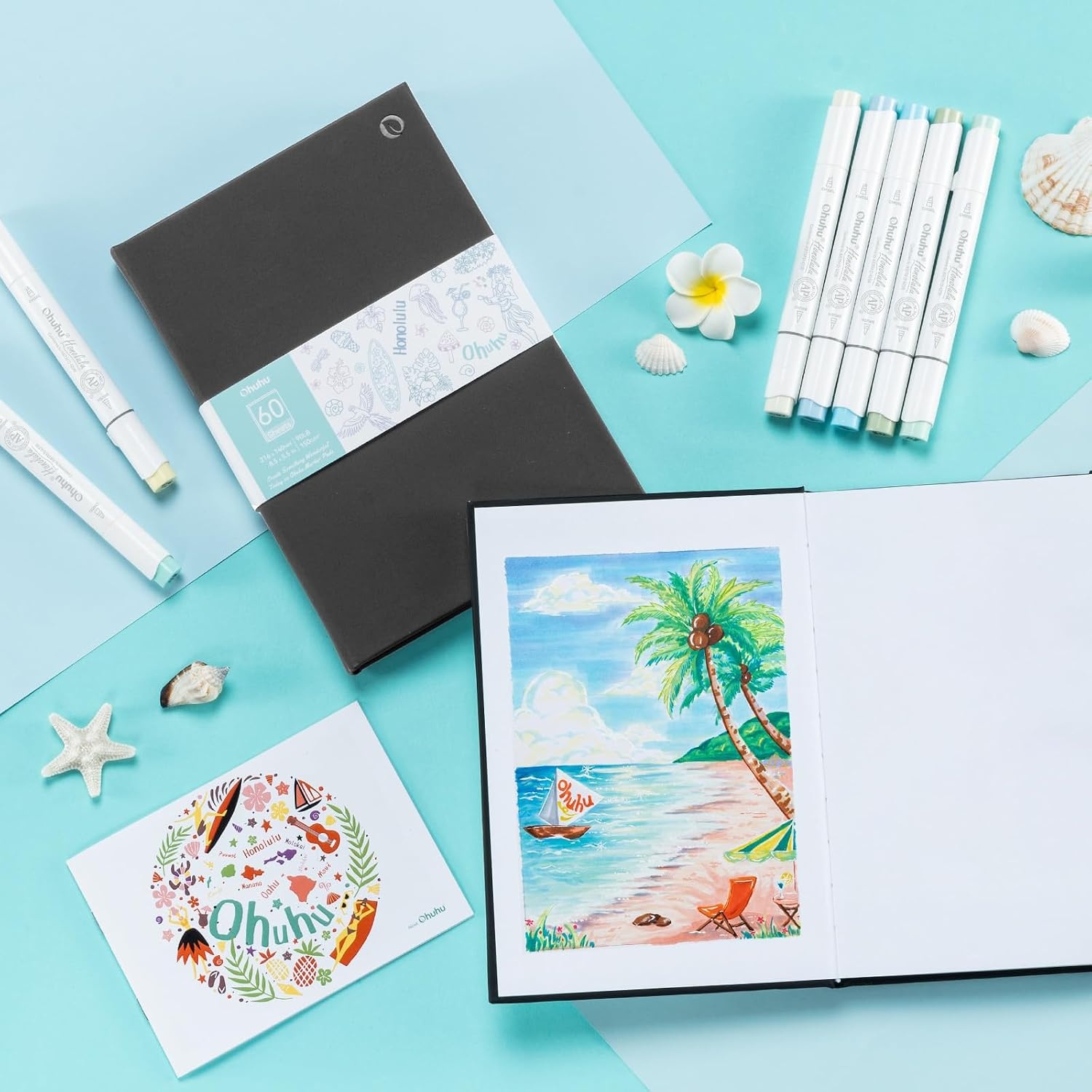 image:imageOhuhu DoubleSided Marker Pad Art Sketchbook Bleedproof 63x63 Small Square Paper Size 90 LB150 GSM Smooth Drawing Paper 60 Sheets120 Pages Hardcover Sketching Book for Alcohol Markers55 x 85