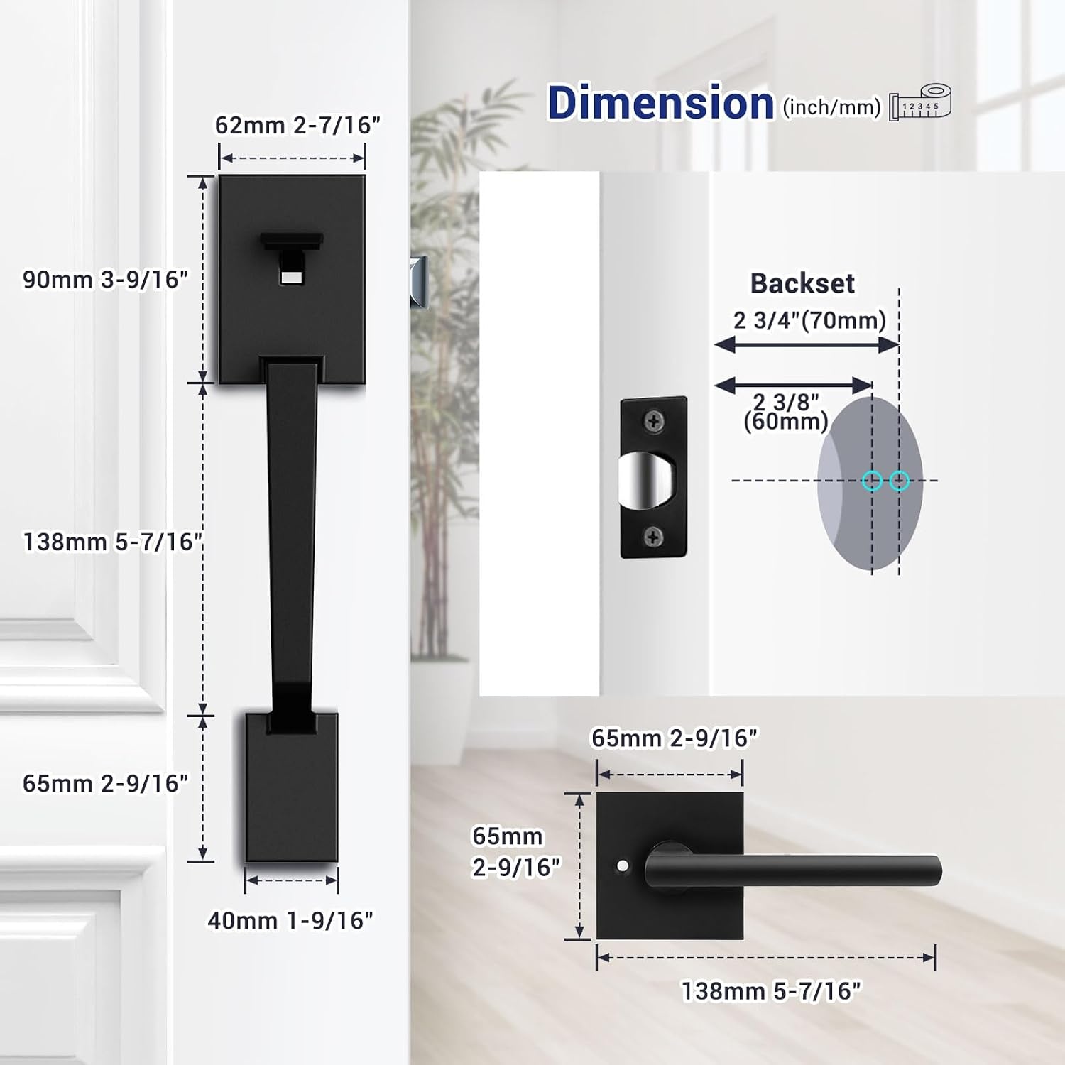 image:imageOhuhu Front Door Lock Set Heavy Duty Upgraded Front Door Handle Black Locksets with Deadbolt Entry Exterior Door Handle Sets Single Cylinder Reversible Lever Matte Finish Zinc Alloy Modern StyleSquare