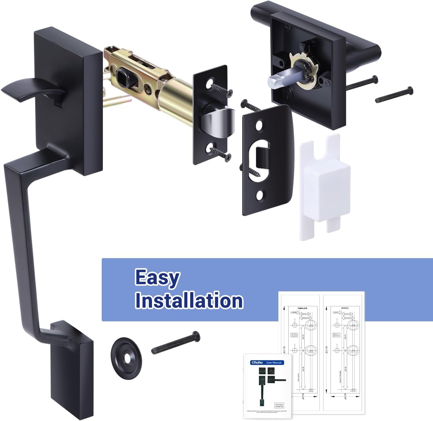 image:imageOhuhu Front Door Lock Set Heavy Duty Upgraded Front Door Handle Black Locksets with Deadbolt Entry Exterior Door Handle Sets Single Cylinder Reversible Lever Matte Finish Zinc Alloy Modern StyleSquare