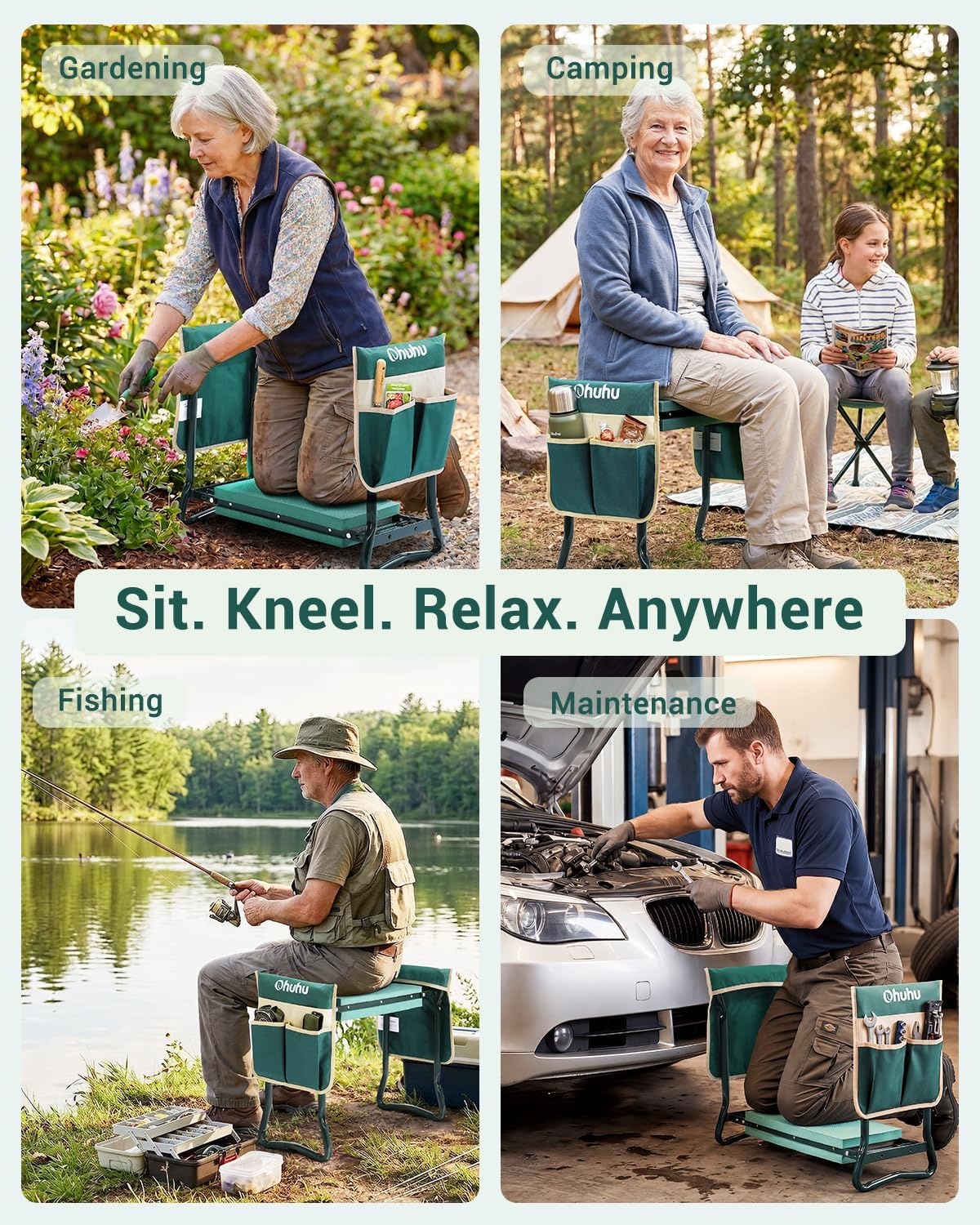 image:imageOhuhu Garden Kneeler and Seat Heavy Duty Upgraded Gardening Stool with Thicker Wider EVA Foam Kneeling Pad Foldable Garden Bench with 2 Large Tools Pouches Gardening Gifts for Women Mom Men SeniorsGreen