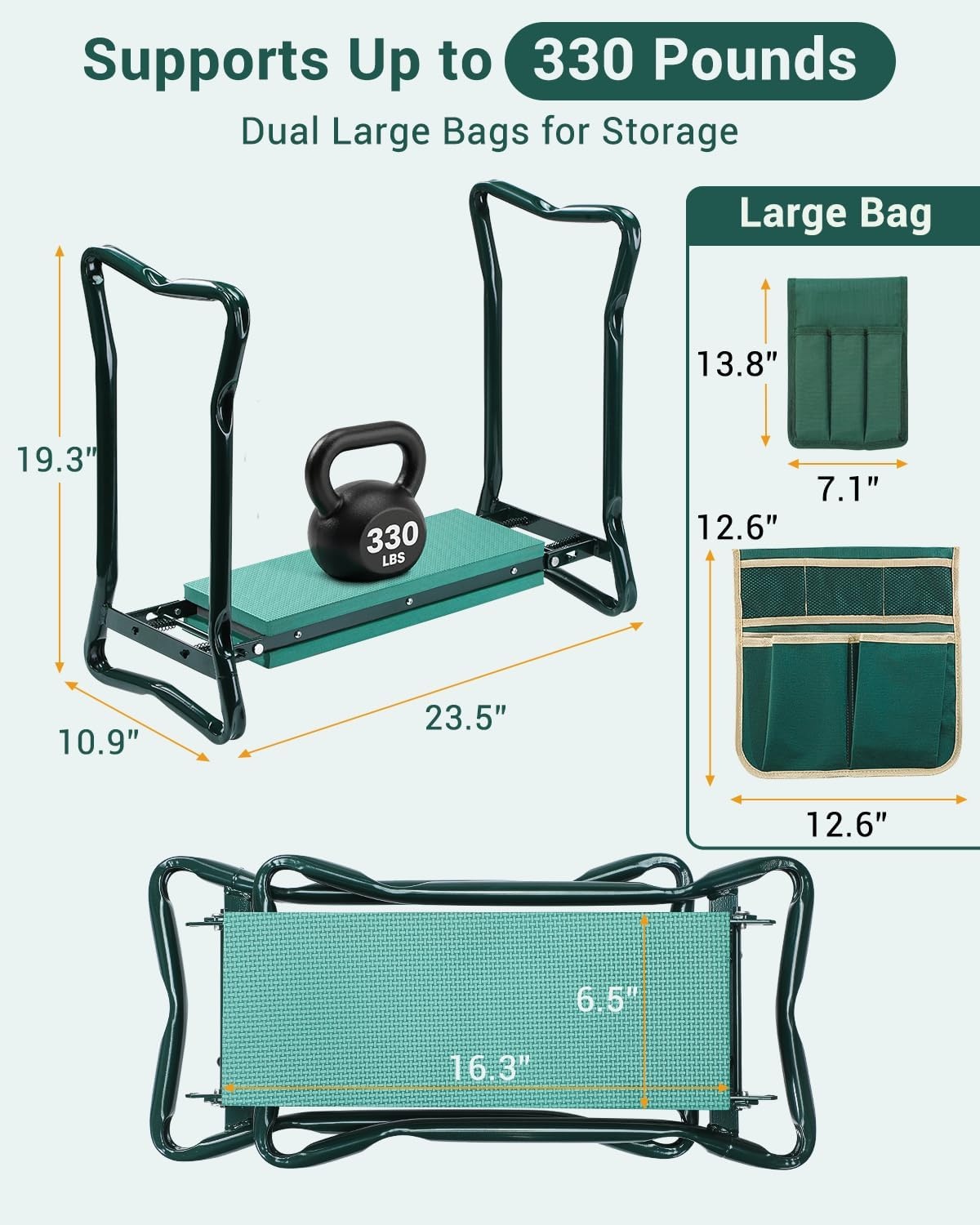image:imageOhuhu Garden Kneeler and Seat Heavy Duty Upgraded Gardening Stool with Thicker Wider EVA Foam Kneeling Pad Foldable Garden Bench with 2 Large Tools Pouches Gardening Gifts for Women Mom Men SeniorsGreen