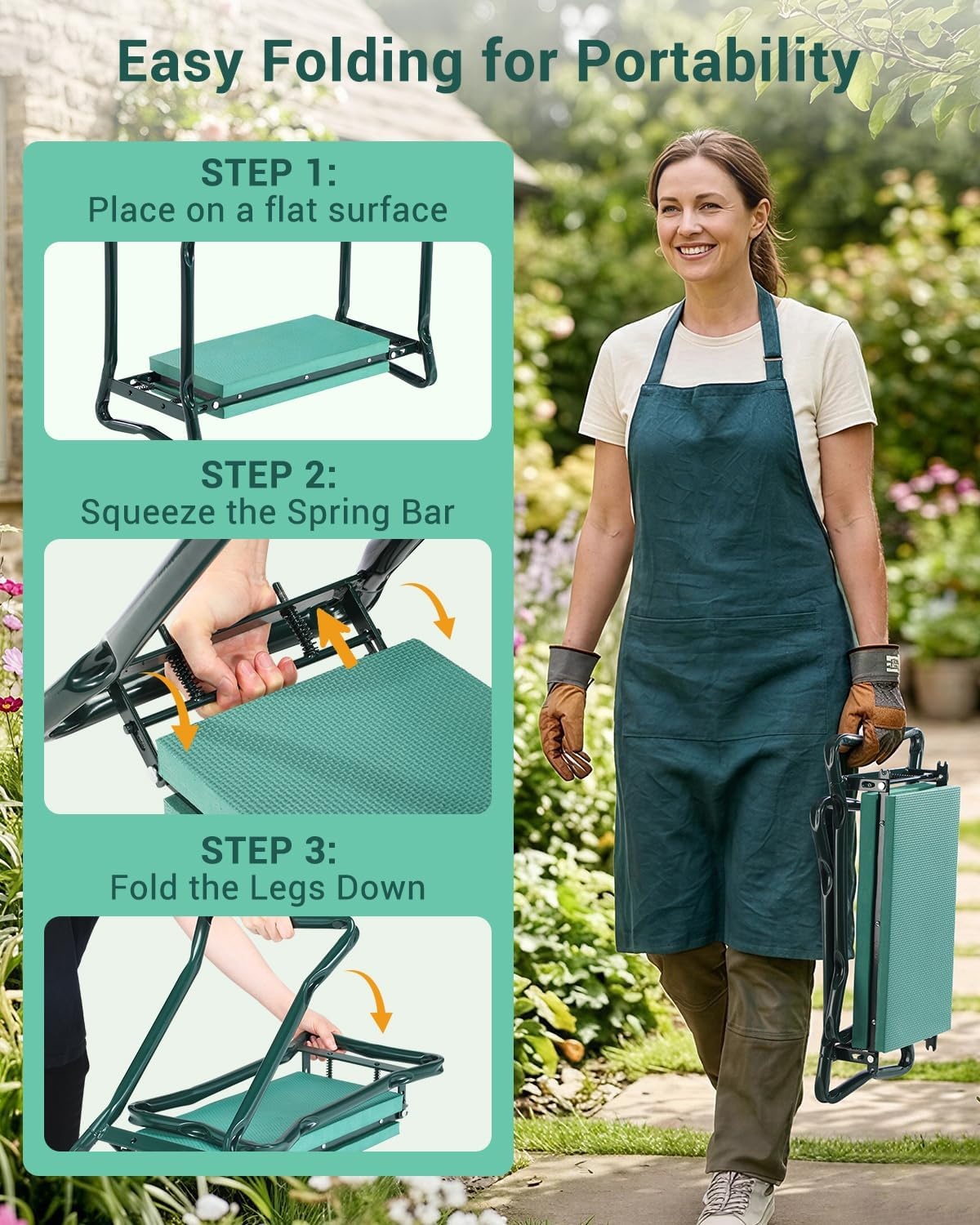 image:imageOhuhu Garden Kneeler and Seat Heavy Duty Upgraded Gardening Stool with Thicker Wider EVA Foam Kneeling Pad Foldable Garden Bench with 2 Large Tools Pouches Gardening Gifts for Women Mom Men SeniorsGreen