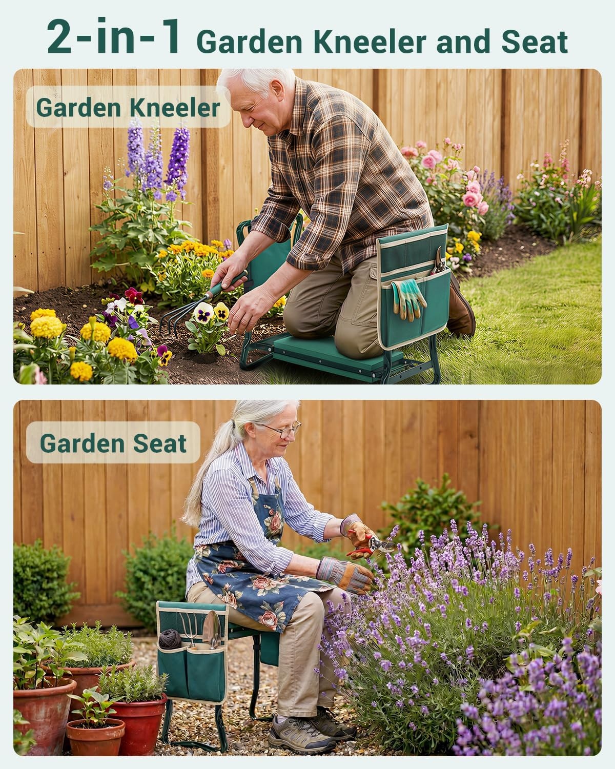 image:imageOhuhu Garden Kneeler and Seat Heavy Duty Upgraded Gardening Stool with Thicker Wider EVA Foam Kneeling Pad Foldable Garden Bench with 2 Large Tools Pouches Gardening Gifts for Women Mom Men SeniorsGreen