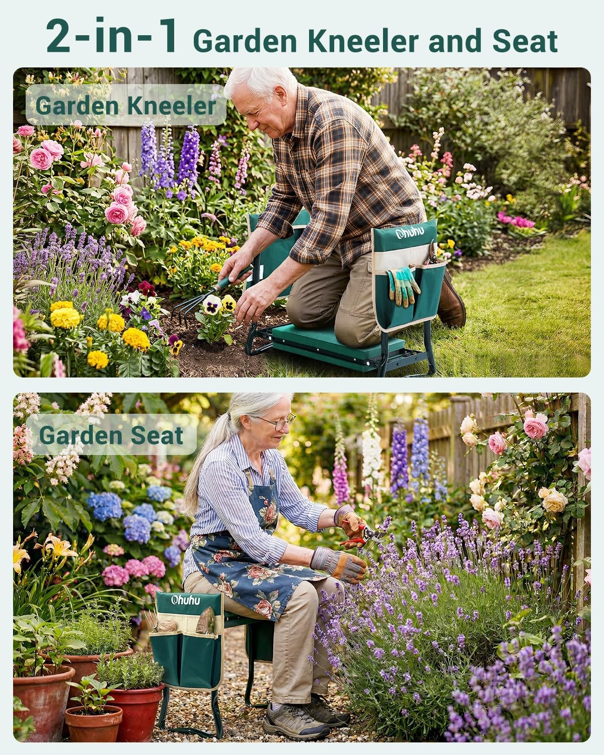 image:imageOhuhu Garden Kneeler and Seat Heavy Duty Upgraded Gardening Stool with Thicker Wider EVA Foam Kneeling Pad Foldable Garden Bench with 2 Large Tools Pouches Gardening Gifts for Women Mom Men SeniorsGreen