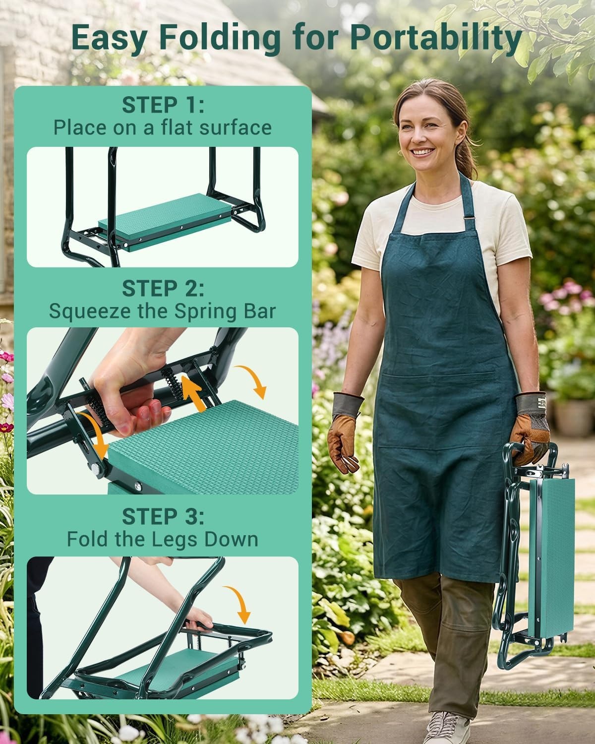 image:imageOhuhu Garden Kneeler and Seat Heavy Duty Upgraded Gardening Stool with Thicker Wider EVA Foam Kneeling Pad Foldable Garden Bench with 2 Large Tools Pouches Gardening Gifts for Women Mom Men SeniorsGreen