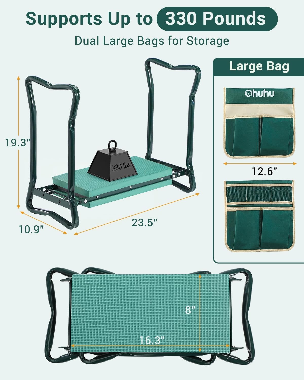 image:imageOhuhu Garden Kneeler and Seat Heavy Duty Upgraded Gardening Stool with Thicker Wider EVA Foam Kneeling Pad Foldable Garden Bench with 2 Large Tools Pouches Gardening Gifts for Women Mom Men SeniorsGreen