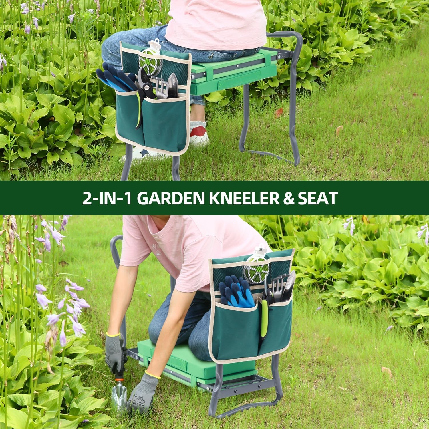 image:imageOhuhu Garden Kneeler and Seat Upgraded Widened Gardening Stool with Detachable Soft Kneeling Pad Foldable Garden Bench Heavy Duty with Large Tools Bag and Pouch for Seniors Gardener