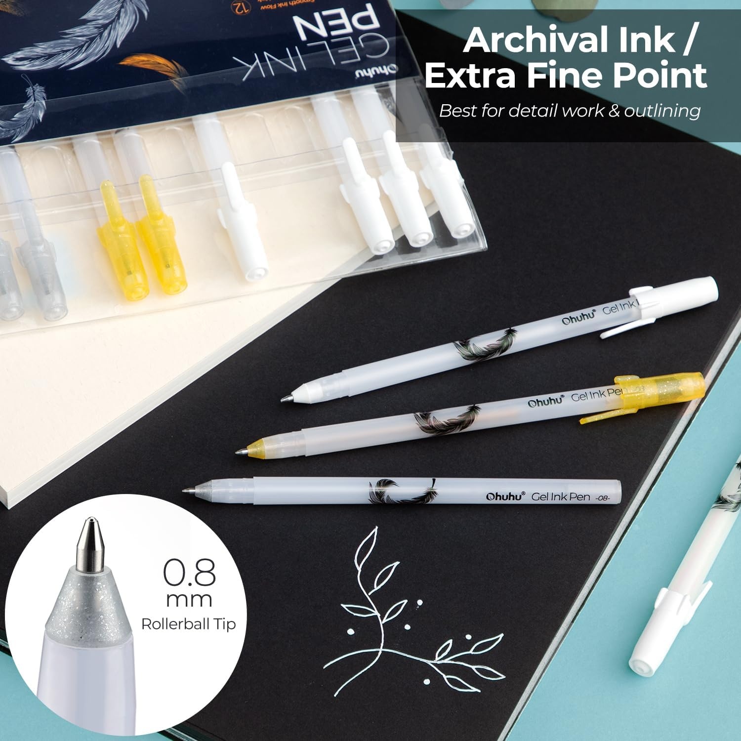 image:imageOhuhu Gold Silver White Gel Pens 12 Pack Extra Fine Point Pens Opaque Gel Ink Pens Smooth White Ink Pens for Highlight Black Paper Art Drawing Sketching Scrapbook Illustration Bullet Journal Leahi