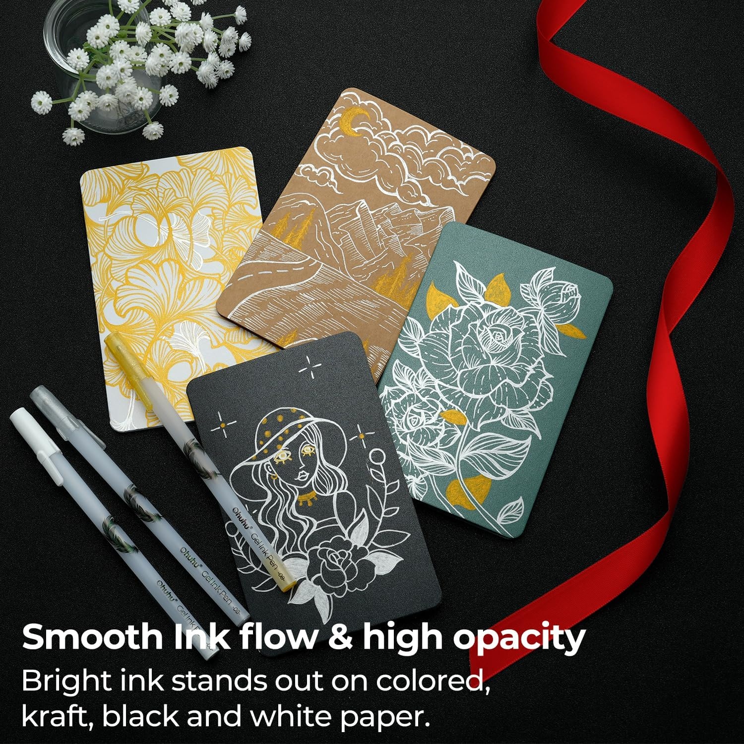image:imageOhuhu Gold Silver White Gel Pens 12 Pack Extra Fine Point Pens Opaque Gel Ink Pens Smooth White Ink Pens for Highlight Black Paper Art Drawing Sketching Scrapbook Illustration Bullet Journal Leahi