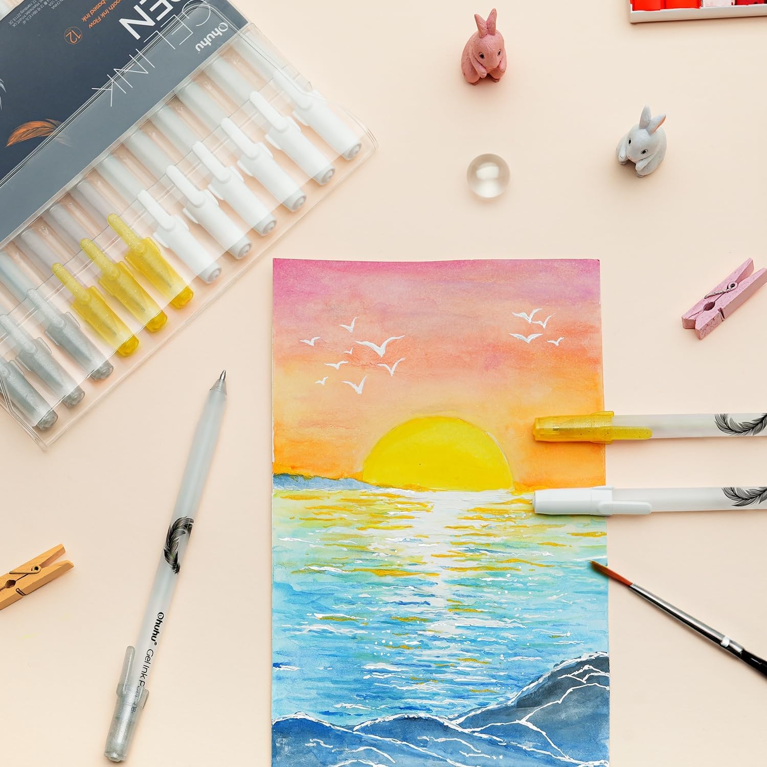 image:imageOhuhu Gold Silver White Gel Pens 12 Pack Extra Fine Point Pens Opaque Gel Ink Pens Smooth White Ink Pens for Highlight Black Paper Art Drawing Sketching Scrapbook Illustration Bullet Journal Leahi