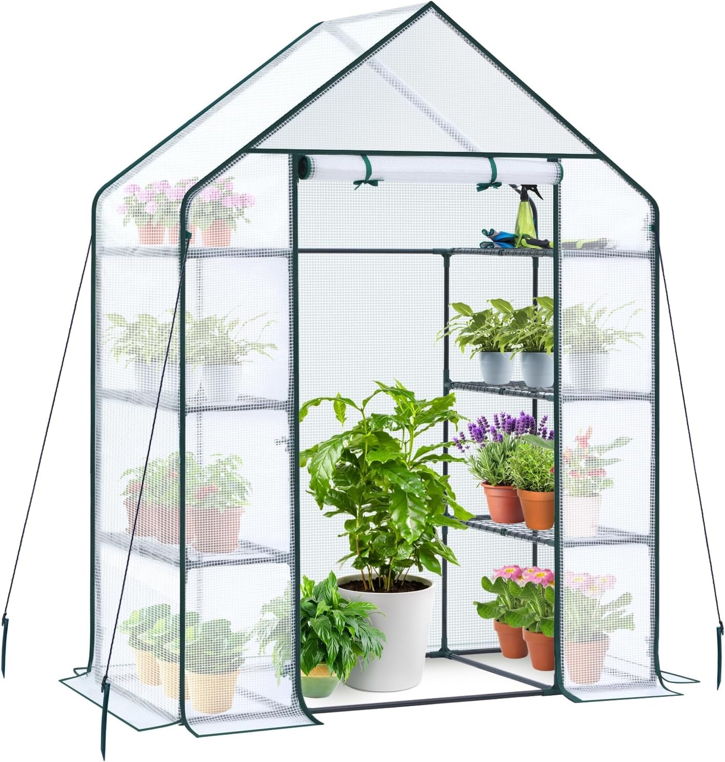 image:imageOhuhu Greenhouse for Outdoors with Mesh Side Windows 3 Tiers 4 Shelves Small WalkIn Green House Plant Stands Plastic PE Cover Outside Portable Warm House for Seedling Flowers Growing 48x25x64 FTWhite