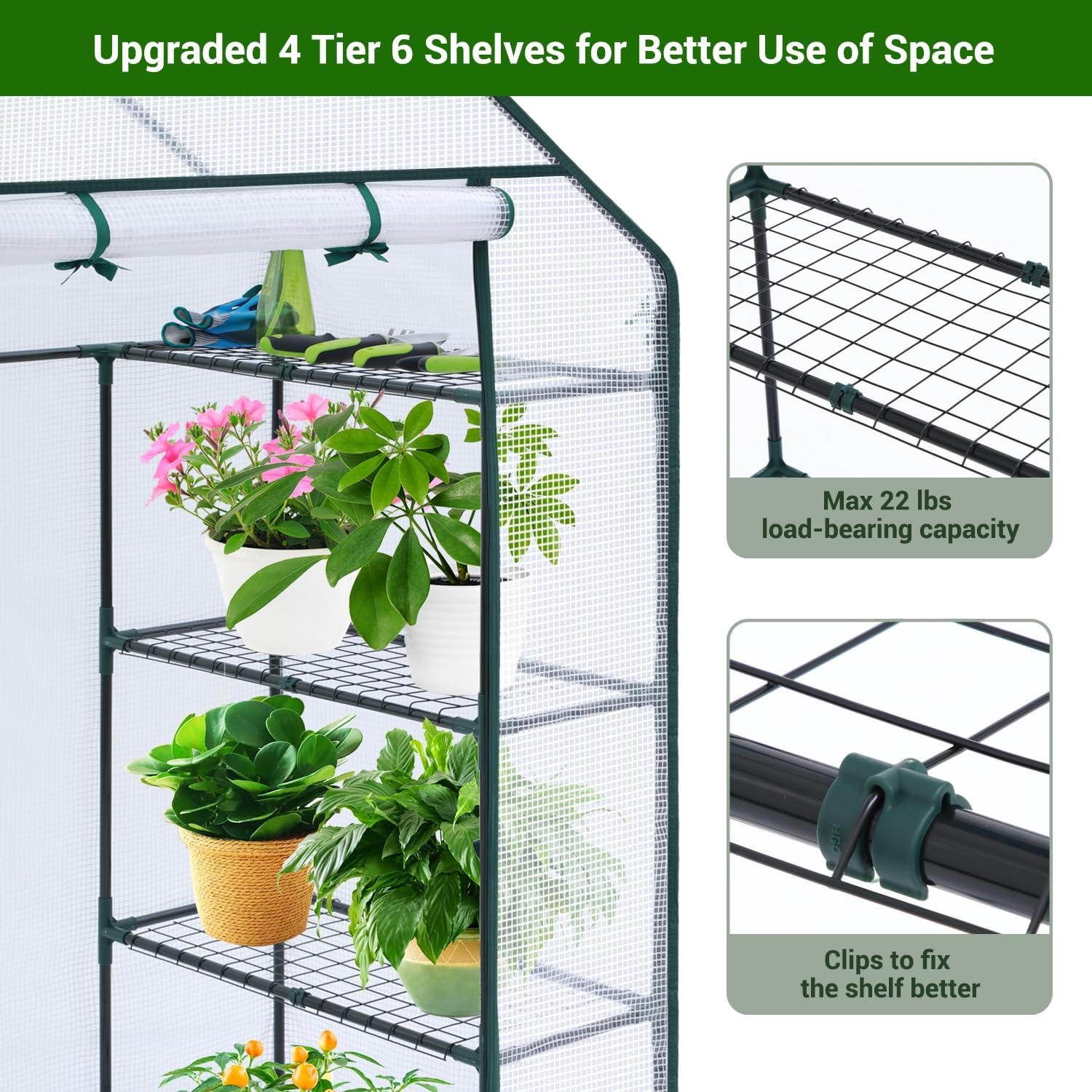 image:imageOhuhu Greenhouse for Outdoors with Mesh Side Windows 3 Tiers 4 Shelves Small WalkIn Green House Plant Stands Plastic PE Cover Outside Portable Warm House for Seedling Flowers Growing 48x25x64 FTWhite