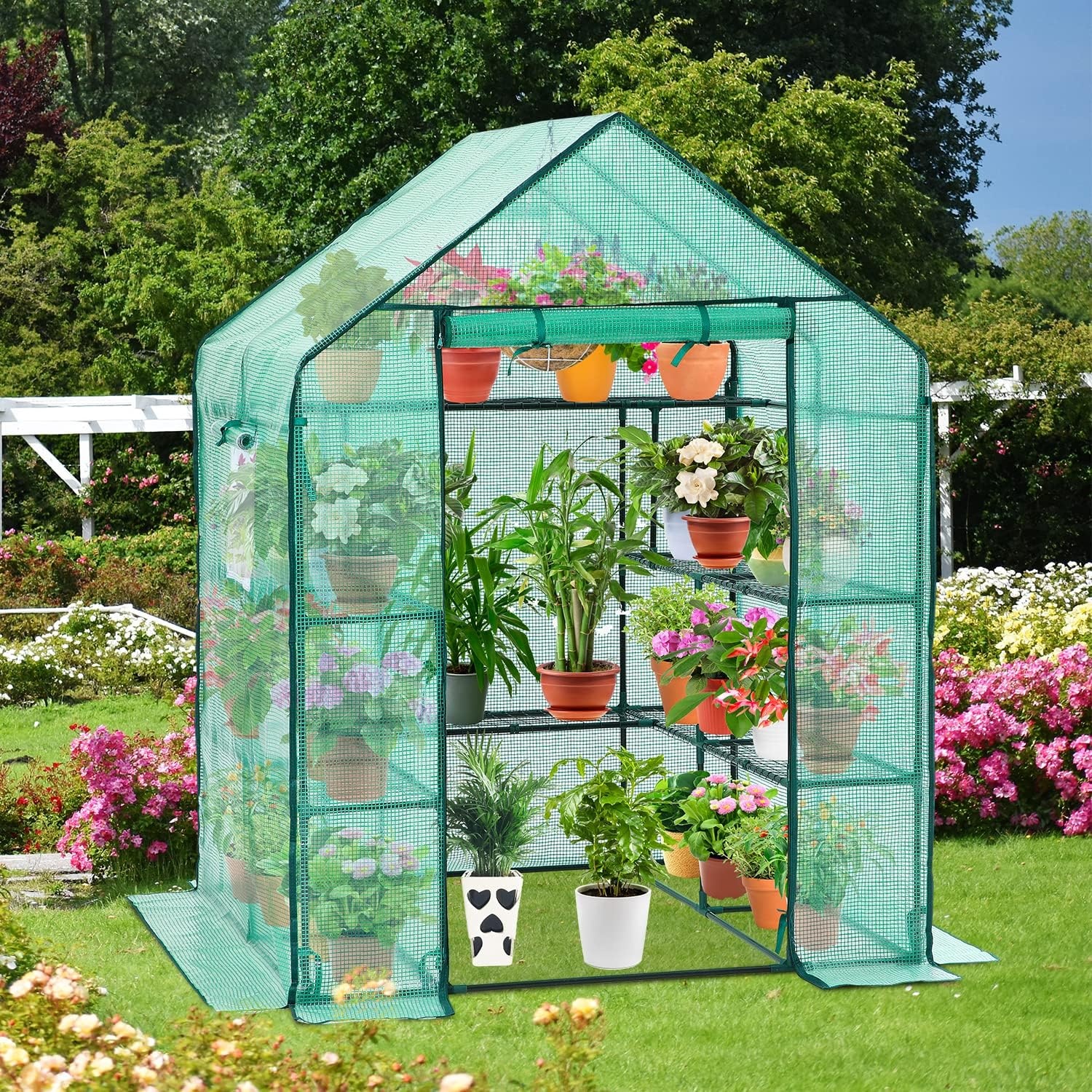 image:imageOhuhu Greenhouse for Outdoors with Mesh Side Windows 3 Tiers 4 Shelves Small WalkIn Green House Plant Stands Plastic PE Cover Outside Portable Warm House for Seedling Flowers Growing 48x25x64 FTGreen