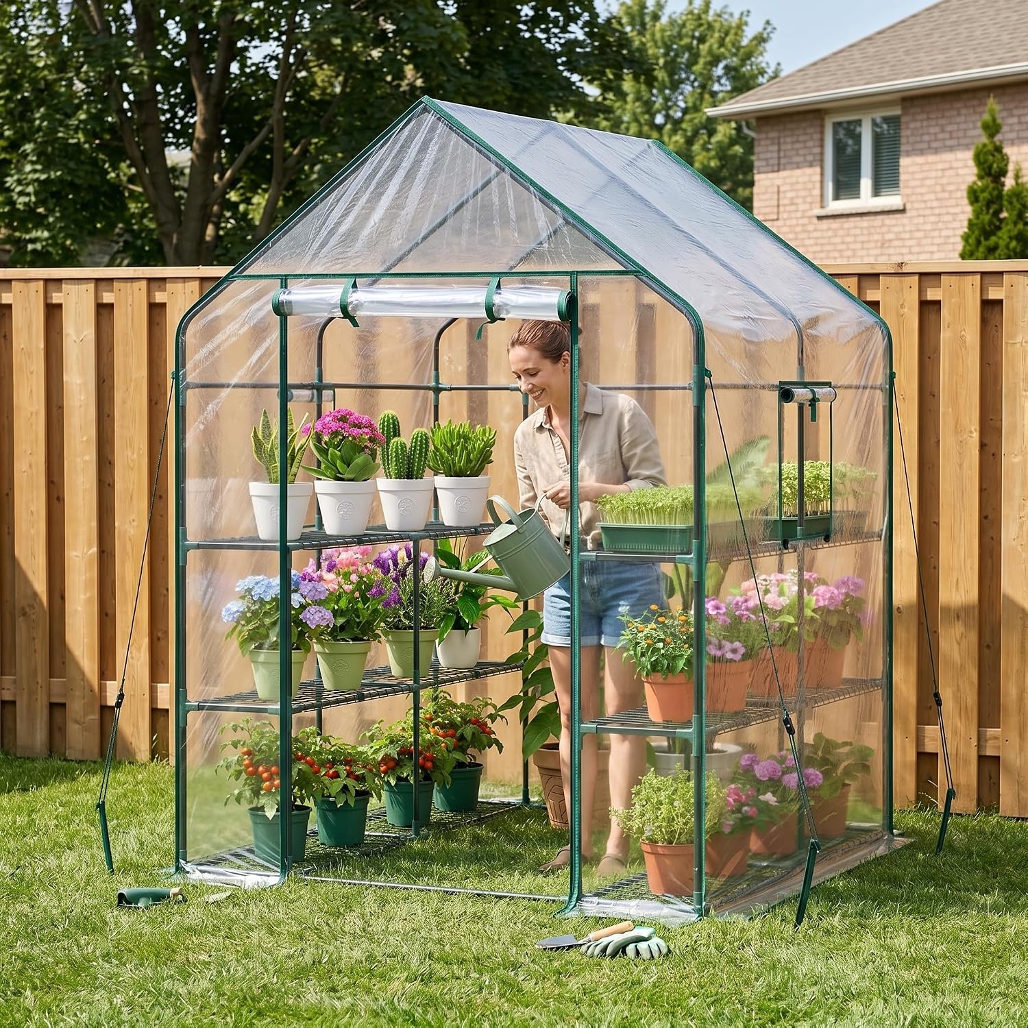 image:imageOhuhu Greenhouse for Outdoors with Mesh Side Windows 3 Tiers 4 Shelves Small WalkIn Green House Plant Stands Plastic PE Cover Outside Portable Warm House for Seedling Flowers Growing 48x25x64 FTClear