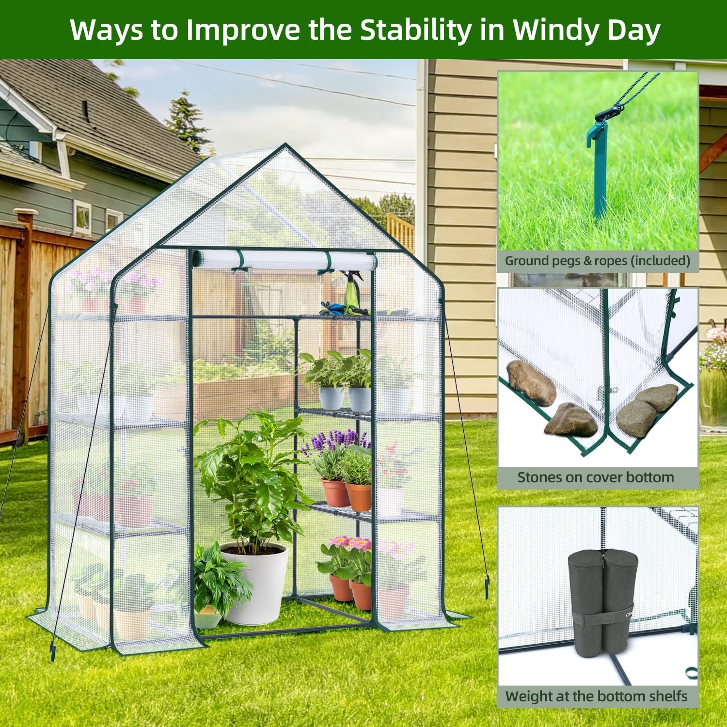 image:imageOhuhu Greenhouse for Outdoors with Mesh Side Windows 3 Tiers 4 Shelves Small WalkIn Green House Plant Stands Plastic PE Cover Outside Portable Warm House for Seedling Flowers Growing 48x25x64 FTWhite