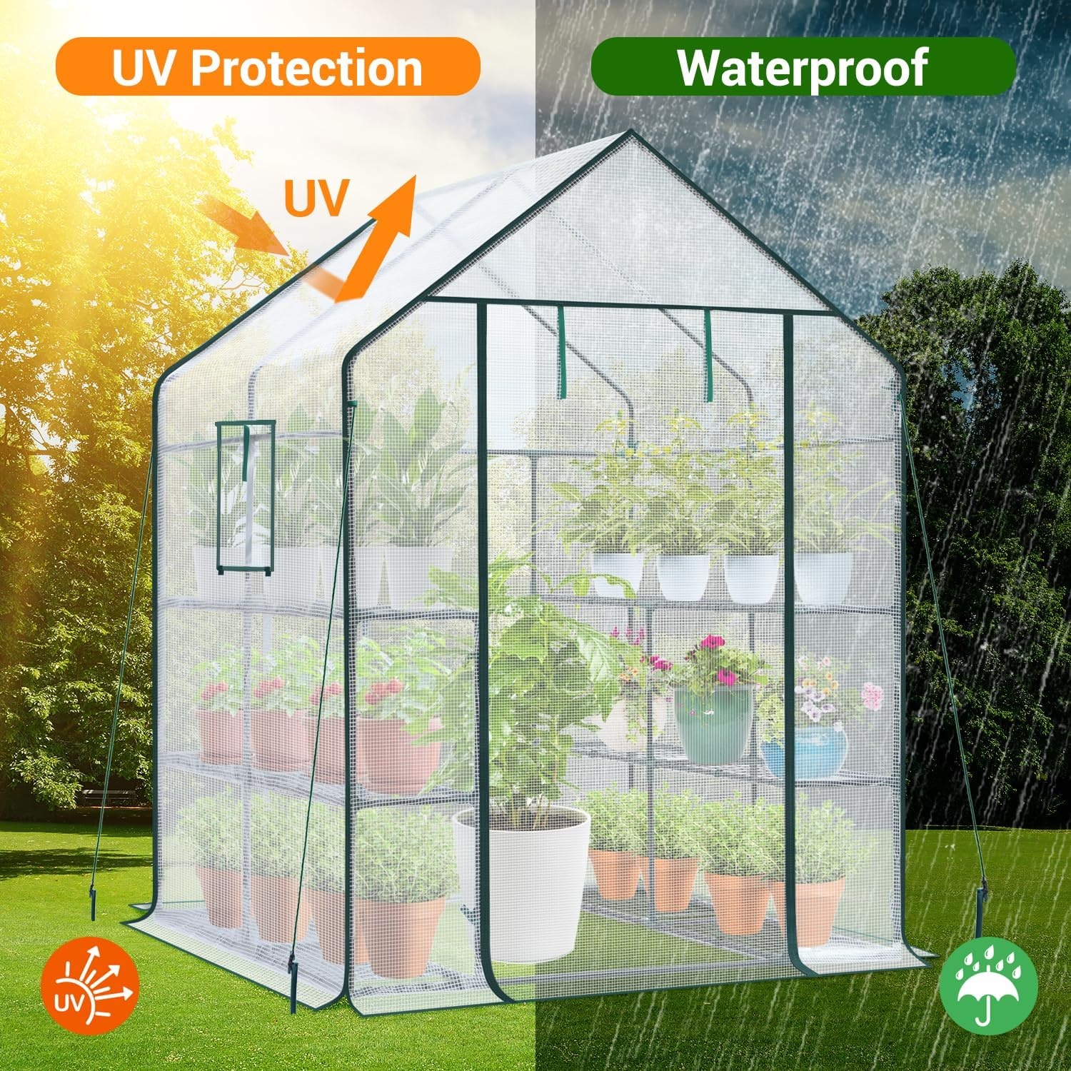 image:imageOhuhu Greenhouse for Outdoors with Mesh Side Windows 3 Tiers 4 Shelves Small WalkIn Green House Plant Stands Plastic PE Cover Outside Portable Warm House for Seedling Flowers Growing 48x25x64 FTWhite