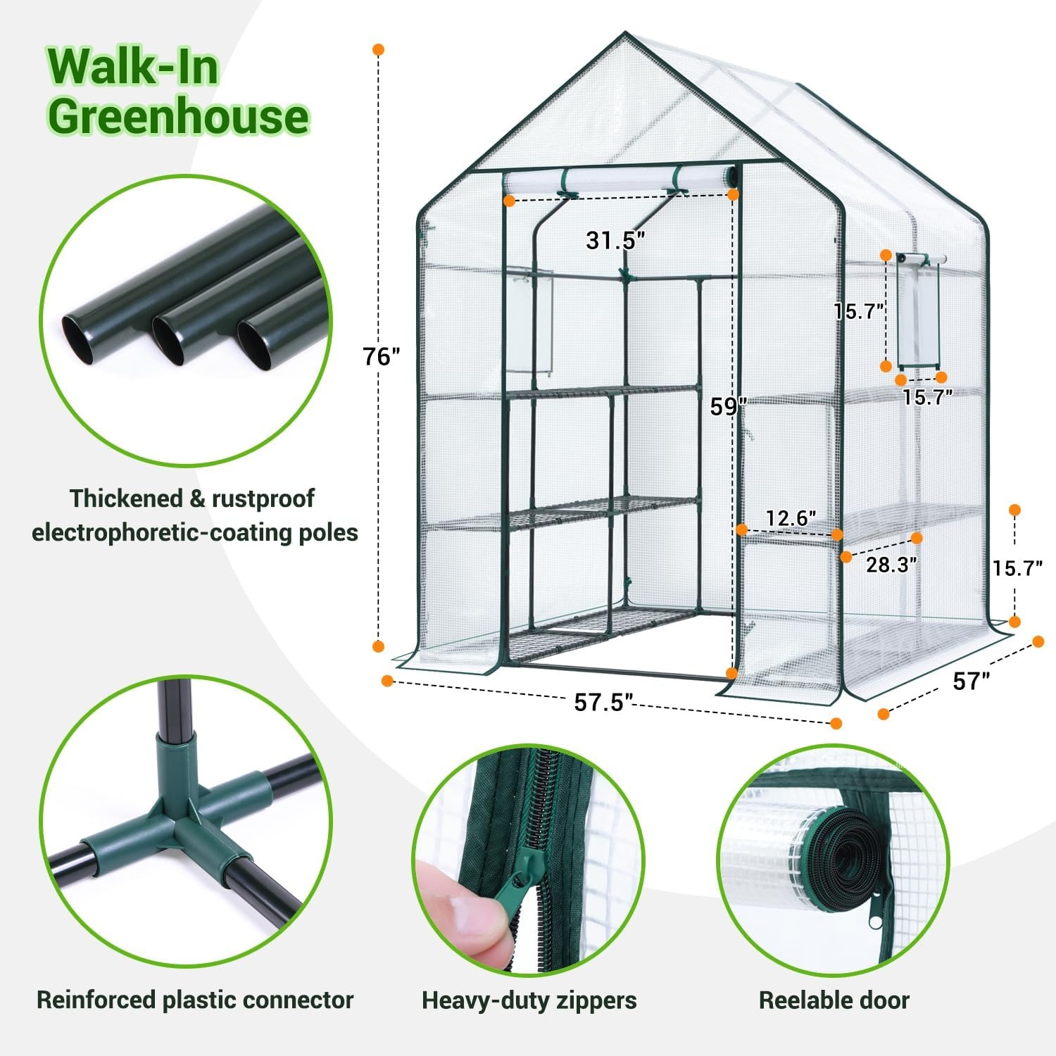 image:imageOhuhu Greenhouse for Outdoors with Mesh Side Windows 3 Tiers 4 Shelves Small WalkIn Green House Plant Stands Plastic PE Cover Outside Portable Warm House for Seedling Flowers Growing 48x25x64 FTWhite