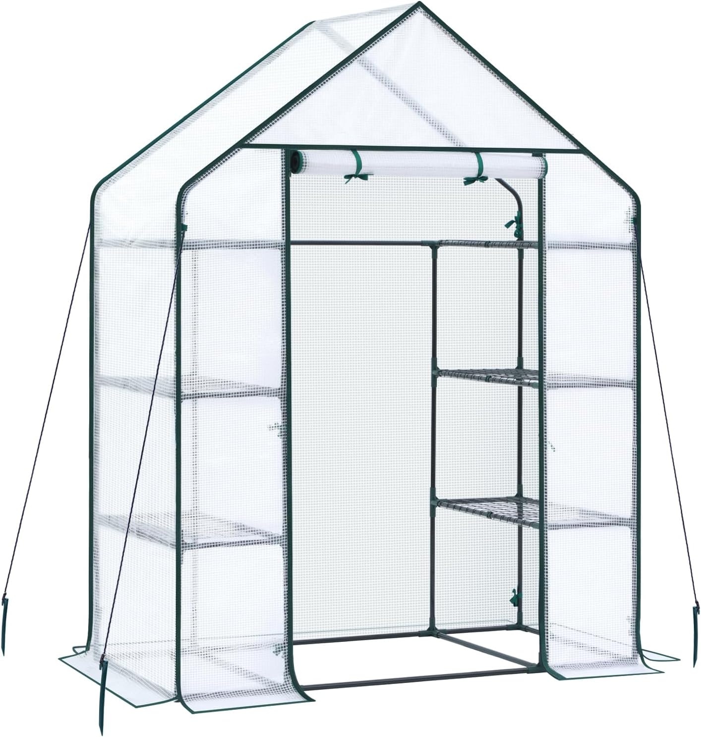 image:imageOhuhu Greenhouse for Outdoors with Mesh Side Windows 3 Tiers 4 Shelves Small WalkIn Green House Plant Stands Plastic PE Cover Outside Portable Warm House for Seedling Flowers Growing 48x25x64 FTWhite