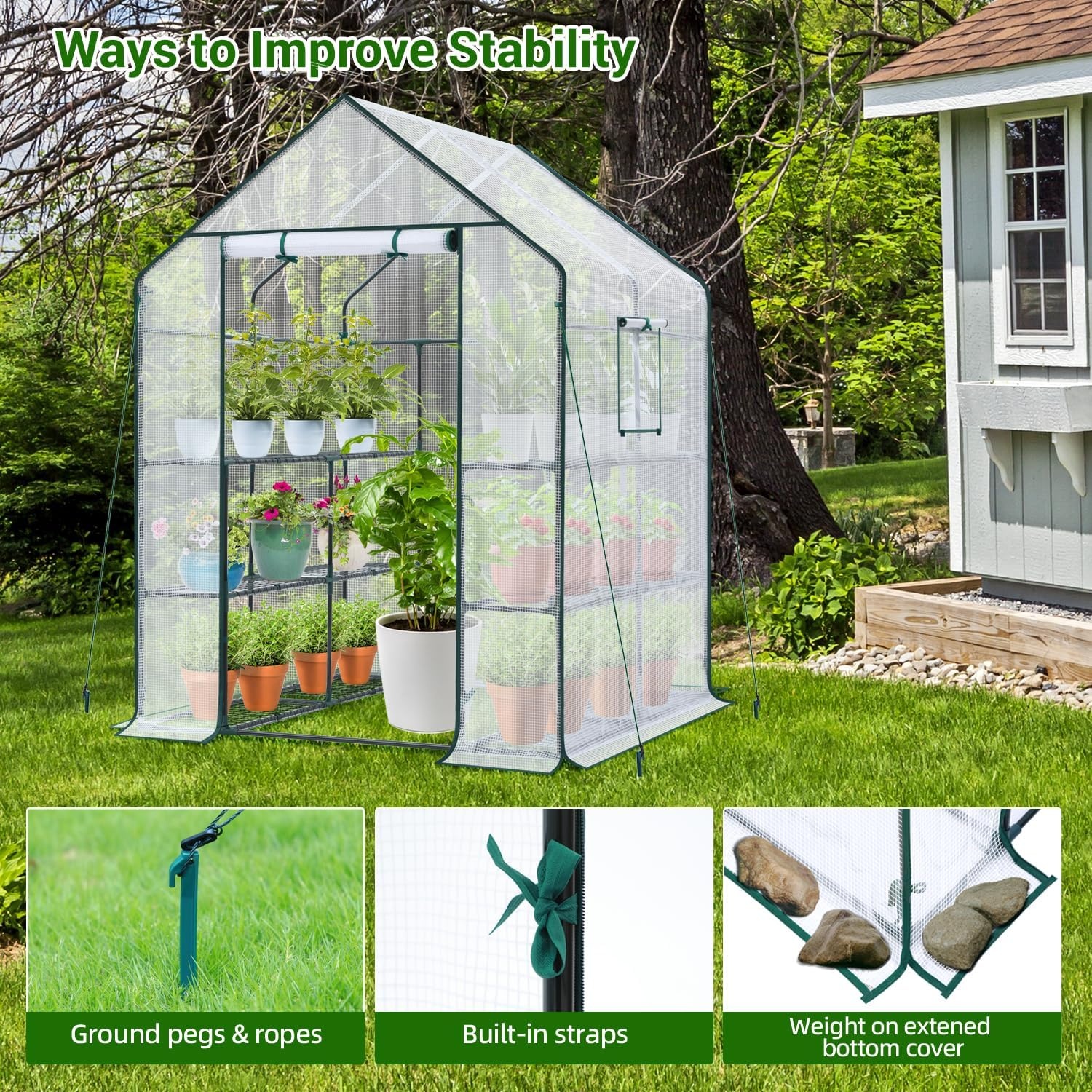 image:imageOhuhu Greenhouse for Outdoors with Mesh Side Windows 3 Tiers 4 Shelves Small WalkIn Green House Plant Stands Plastic PE Cover Outside Portable Warm House for Seedling Flowers Growing 48x25x64 FTWhite