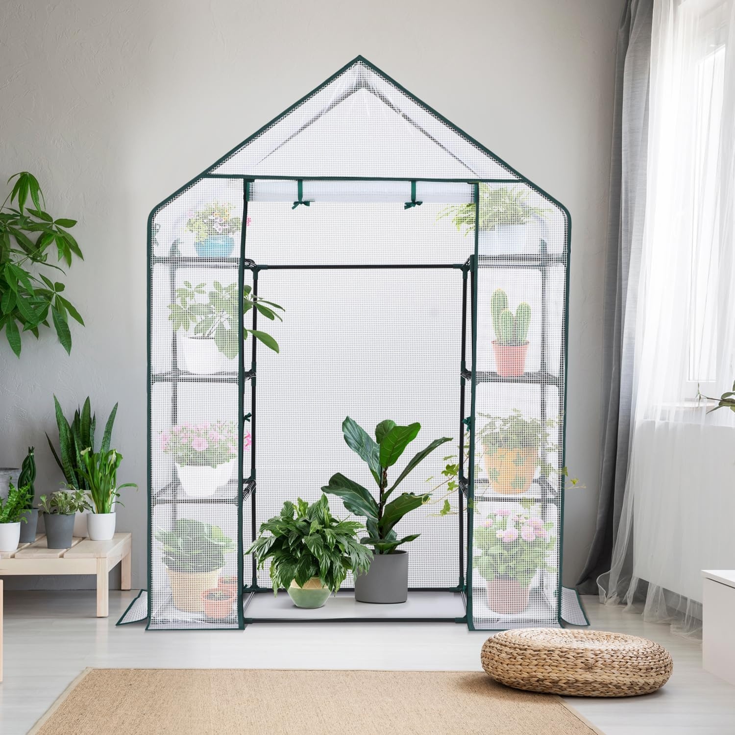 image:imageOhuhu Greenhouse for Outdoors with Mesh Side Windows 3 Tiers 4 Shelves Small WalkIn Green House Plant Stands Plastic PE Cover Outside Portable Warm House for Seedling Flowers Growing 48x25x64 FTWhite