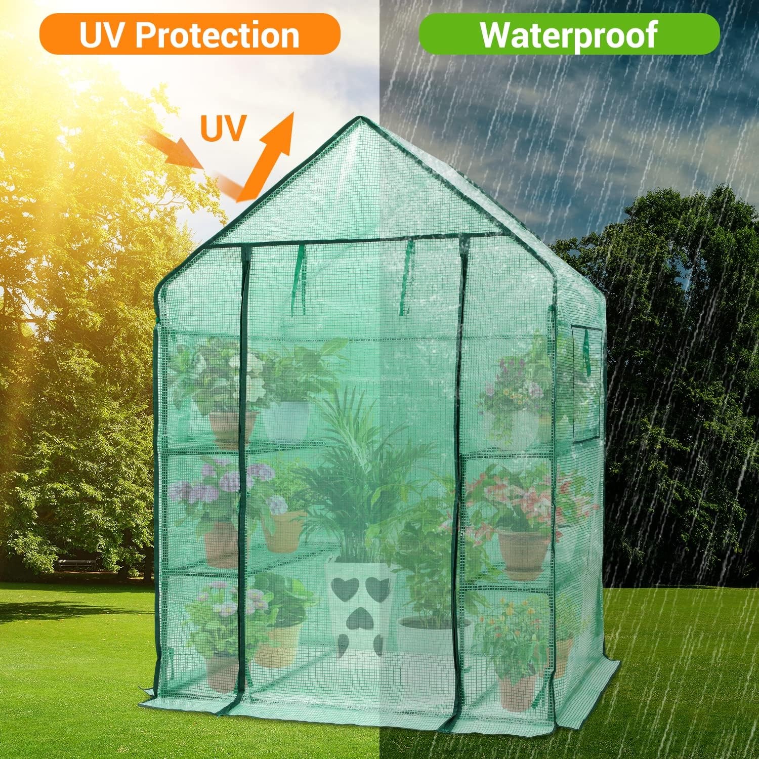 image:imageOhuhu Greenhouse for Outdoors with Mesh Side Windows 3 Tiers 4 Shelves Small WalkIn Green House Plant Stands Plastic PE Cover Outside Portable Warm House for Seedling Flowers Growing 48x25x64 FTGreen