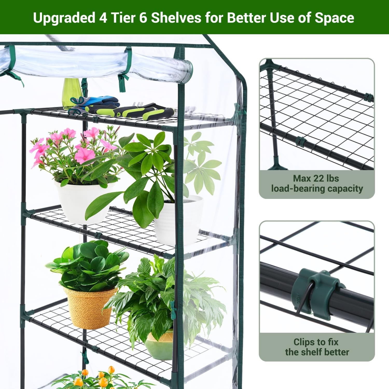 image:imageOhuhu Greenhouse for Outdoors with Mesh Side Windows 3 Tiers 4 Shelves Small WalkIn Green House Plant Stands Plastic PE Cover Outside Portable Warm House for Seedling Flowers Growing 48x25x64 FTClear
