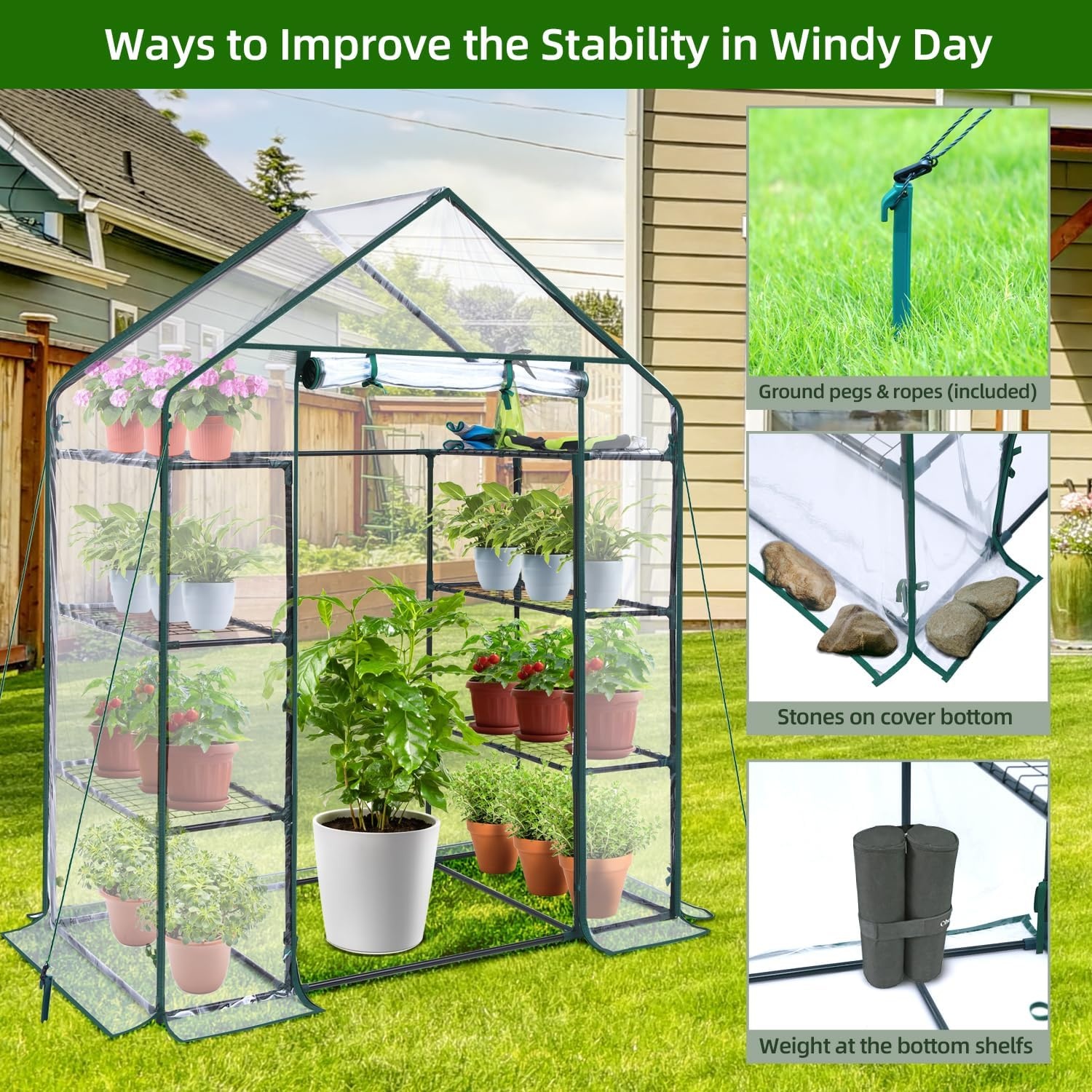 image:imageOhuhu Greenhouse for Outdoors with Mesh Side Windows 3 Tiers 4 Shelves Small WalkIn Green House Plant Stands Plastic PE Cover Outside Portable Warm House for Seedling Flowers Growing 48x25x64 FTClear