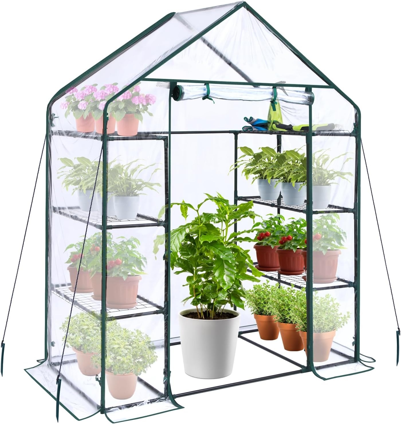 image:imageOhuhu Greenhouse for Outdoors with Mesh Side Windows 3 Tiers 4 Shelves Small WalkIn Green House Plant Stands Plastic PE Cover Outside Portable Warm House for Seedling Flowers Growing 48x25x64 FTClear
