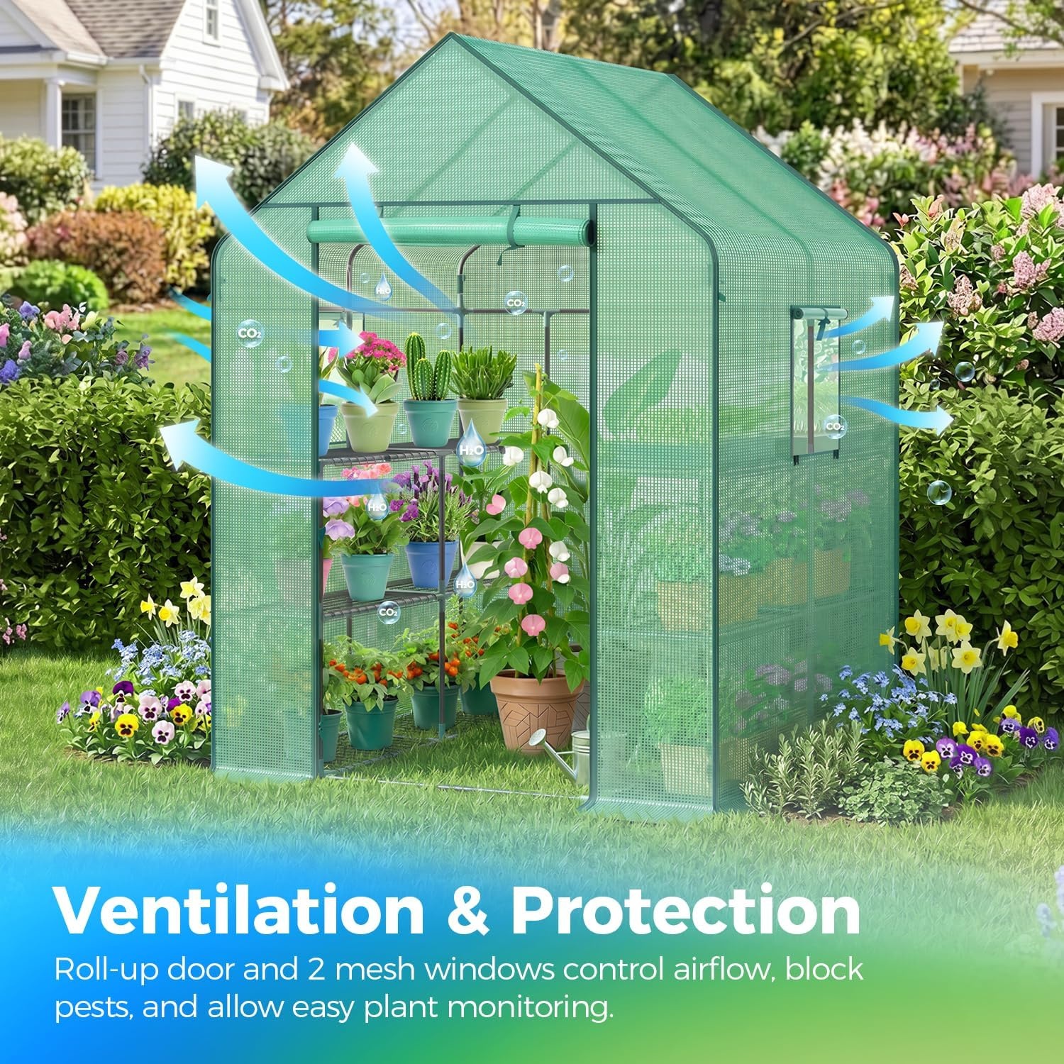image:imageOhuhu Greenhouse for Outdoors with Mesh Side Windows 3 Tiers 4 Shelves Small WalkIn Green House Plant Stands Plastic PE Cover Outside Portable Warm House for Seedling Flowers Growing 48x25x64 FTGreen