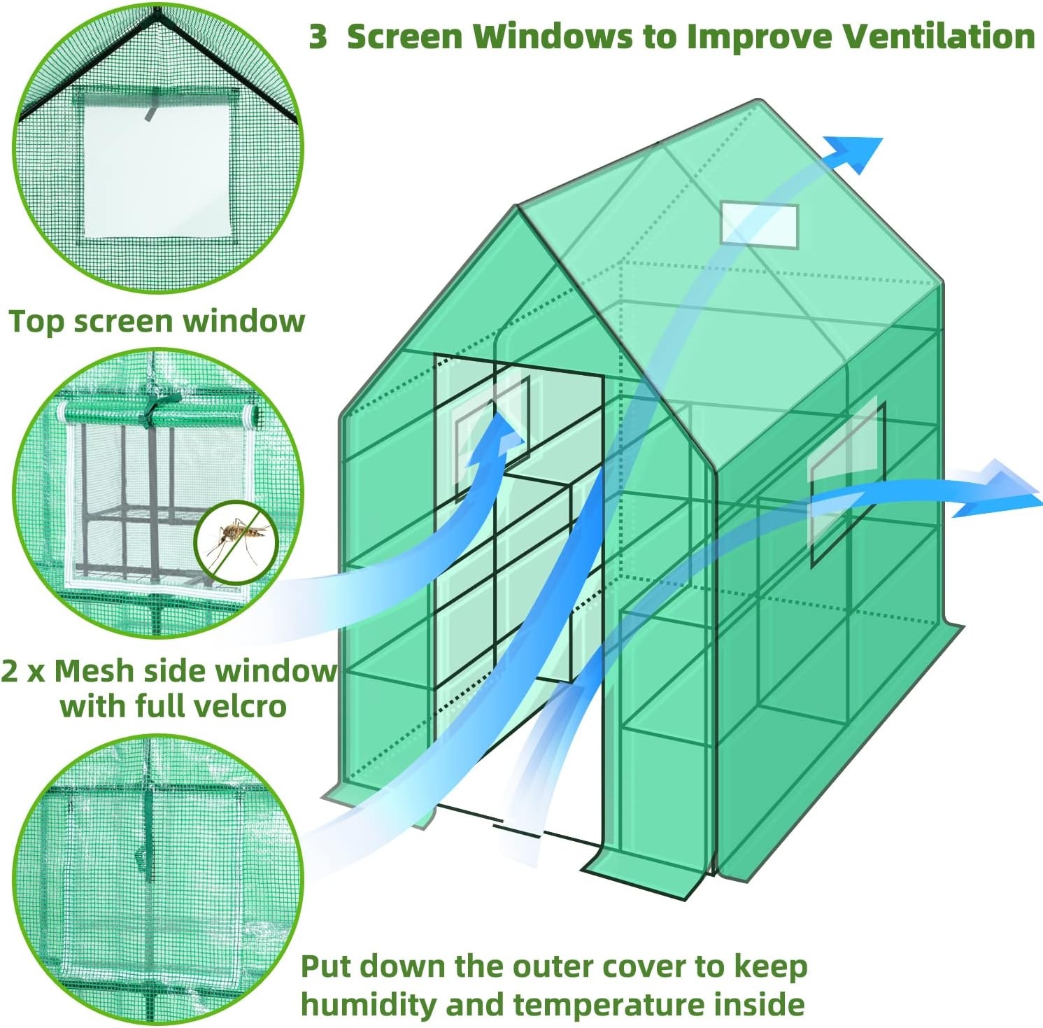 image:imageOhuhu Greenhouse for Outdoors with Mesh Side Windows 3 Tiers 4 Shelves Small WalkIn Green House Plant Stands Plastic PE Cover Outside Portable Warm House for Seedling Flowers Growing 48x25x64 FTGreen