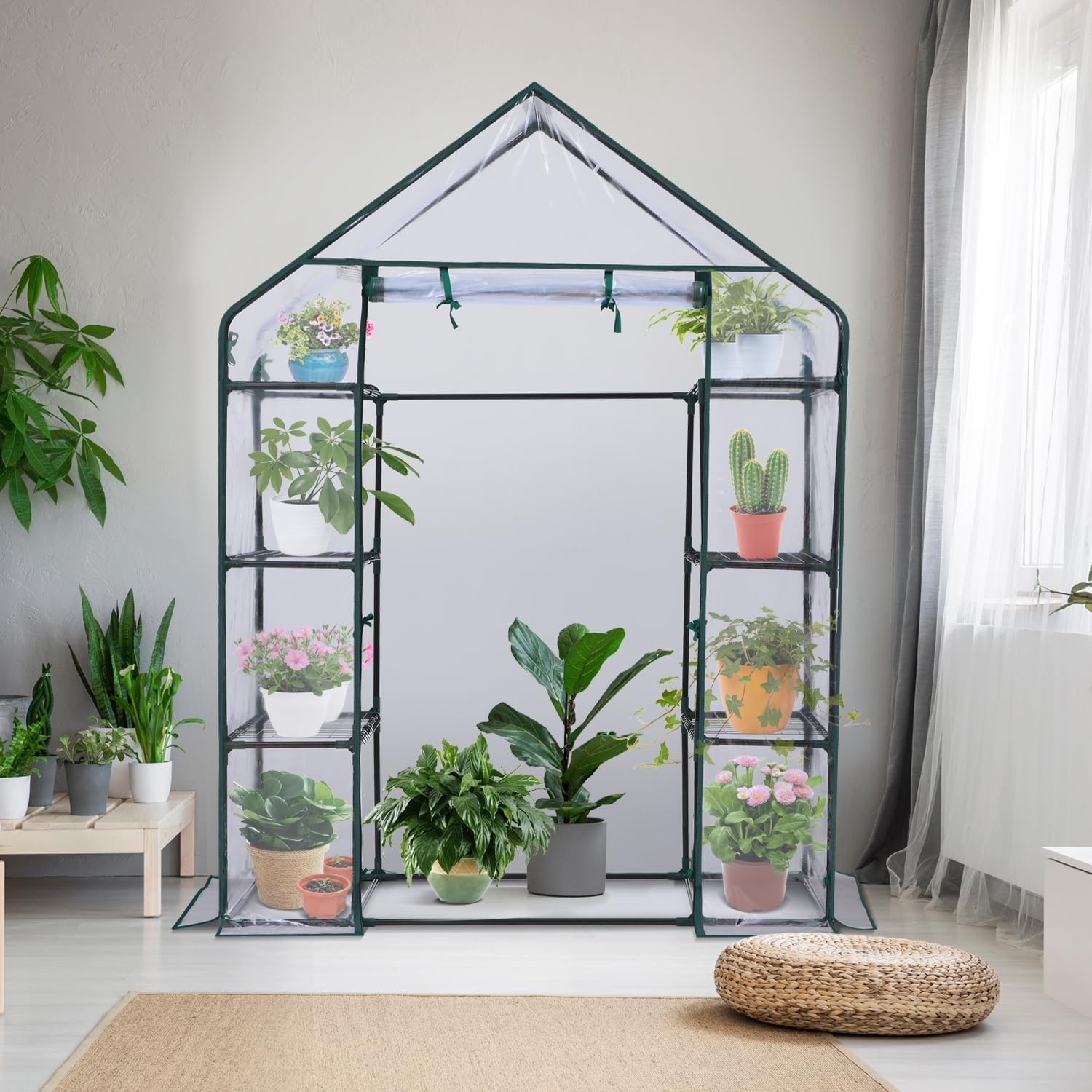image:imageOhuhu Greenhouse for Outdoors with Mesh Side Windows 3 Tiers 4 Shelves Small WalkIn Green House Plant Stands Plastic PE Cover Outside Portable Warm House for Seedling Flowers Growing 48x25x64 FTClear