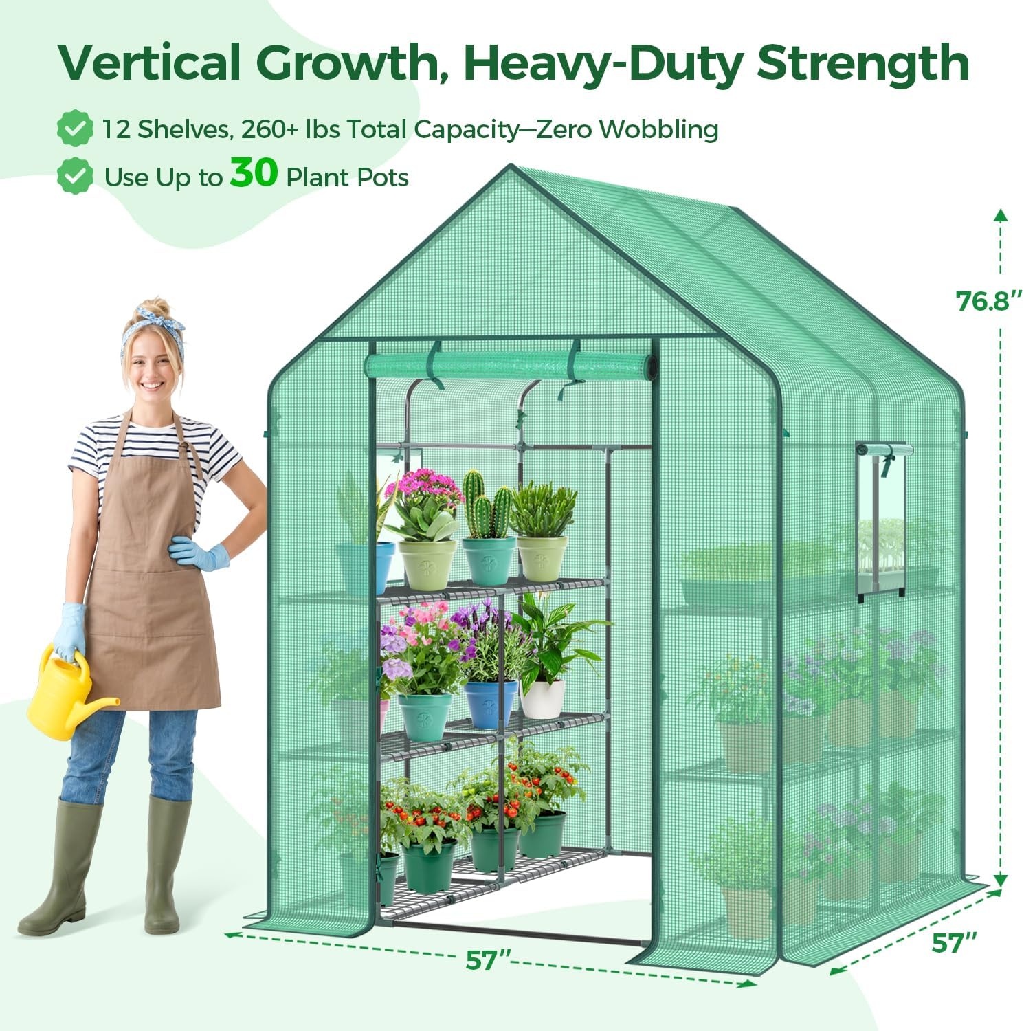 image:imageOhuhu Greenhouse for Outdoors with Mesh Side Windows 3 Tiers 4 Shelves Small WalkIn Green House Plant Stands Plastic PE Cover Outside Portable Warm House for Seedling Flowers Growing 48x25x64 FTGreen