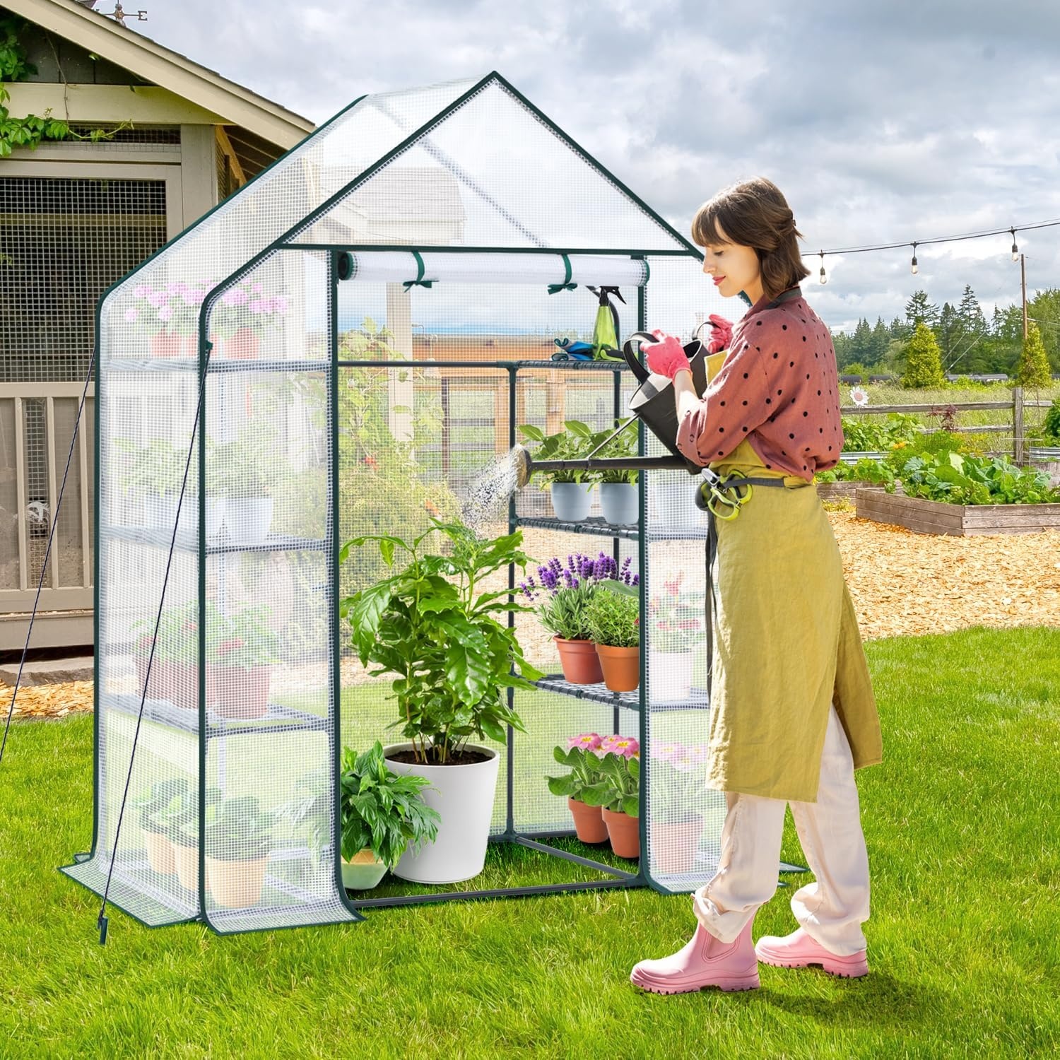 image:imageOhuhu Greenhouse for Outdoors with Mesh Side Windows 3 Tiers 4 Shelves Small WalkIn Green House Plant Stands Plastic PE Cover Outside Portable Warm House for Seedling Flowers Growing 48x25x64 FTWhite