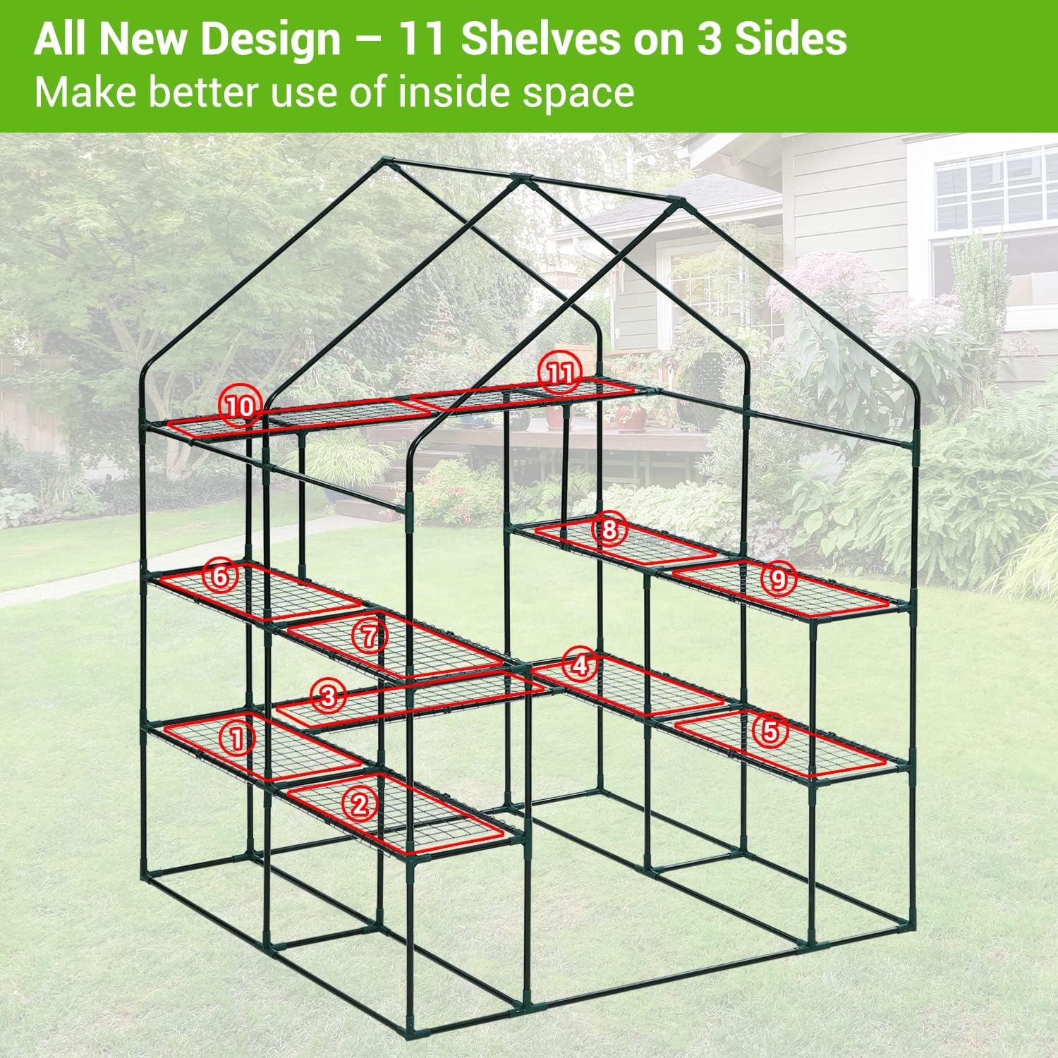 image:imageOhuhu Greenhouse for Outdoors with Mesh Side Windows 3 Tiers 4 Shelves Small WalkIn Green House Plant Stands Plastic PE Cover Outside Portable Warm House for Seedling Flowers Growing 48x25x64 FTGreen